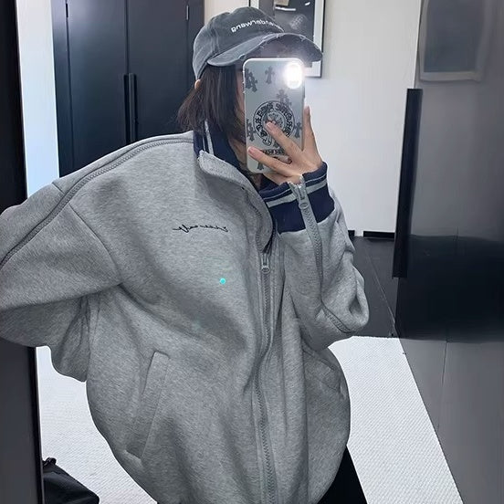 Zipper Accent Stand Collar Sweat Jacket OS2083