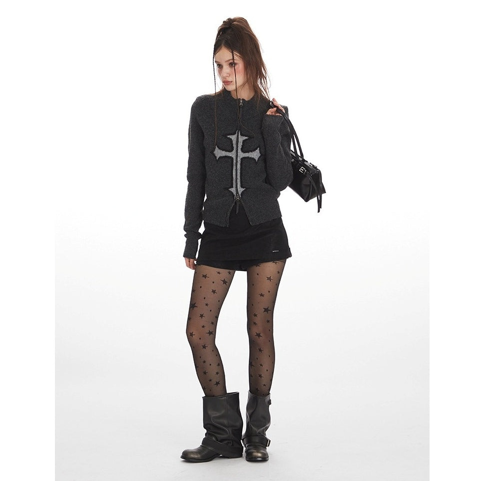 Cross Jacquard Short Knit Zip Cardigan NR7011