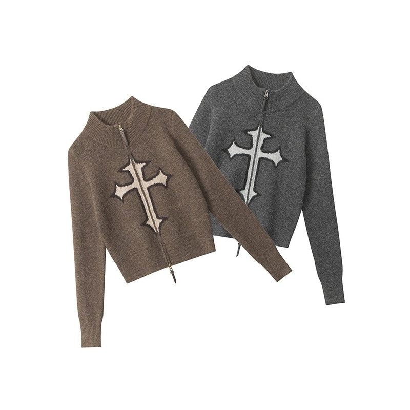 Cross Jacquard Short Knit Zip Cardigan NR7011