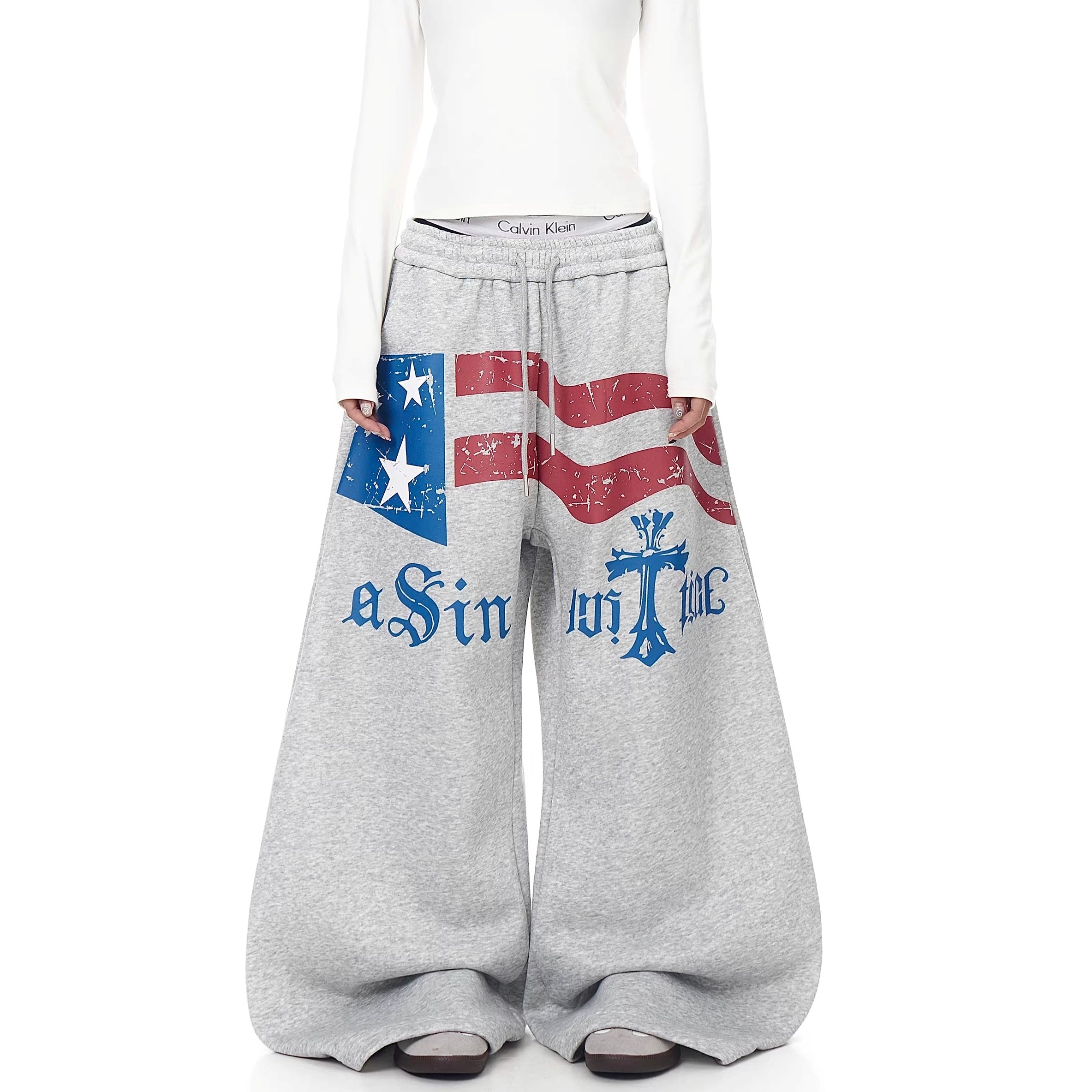 Flag Print Wide Sweat Curve Pants BK7067