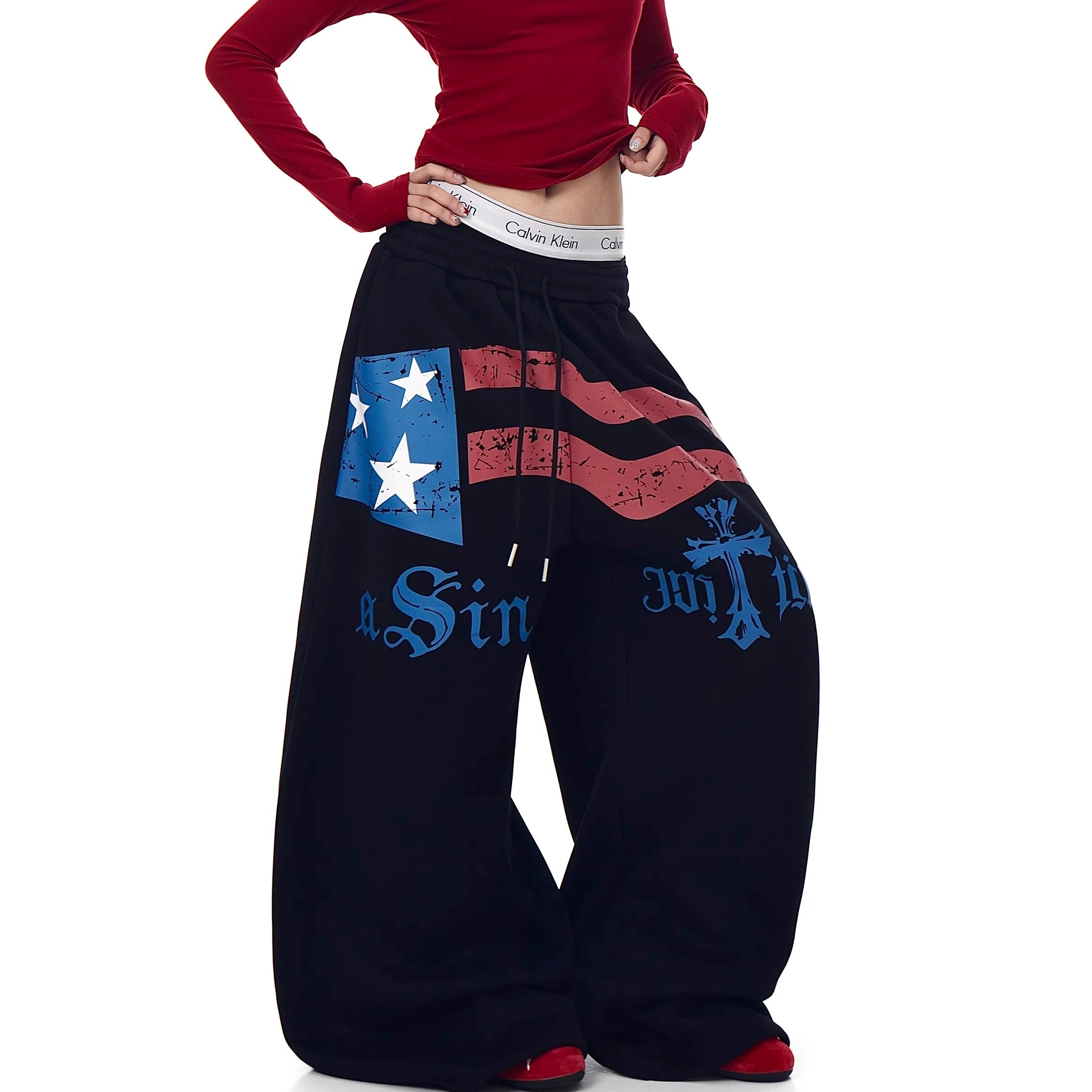 Flag Print Wide Sweat Curve Pants BK7067