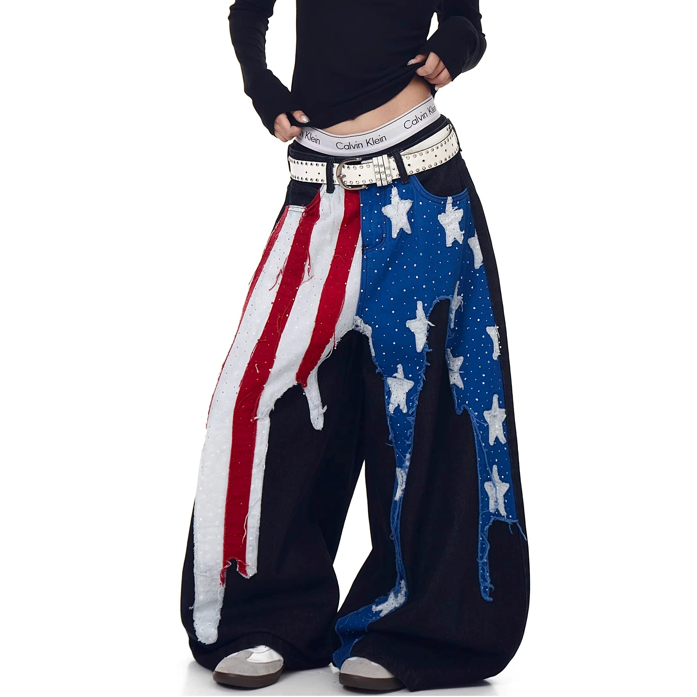 Fflag Patch Rhinestone Wide Curve Jeans BK7066