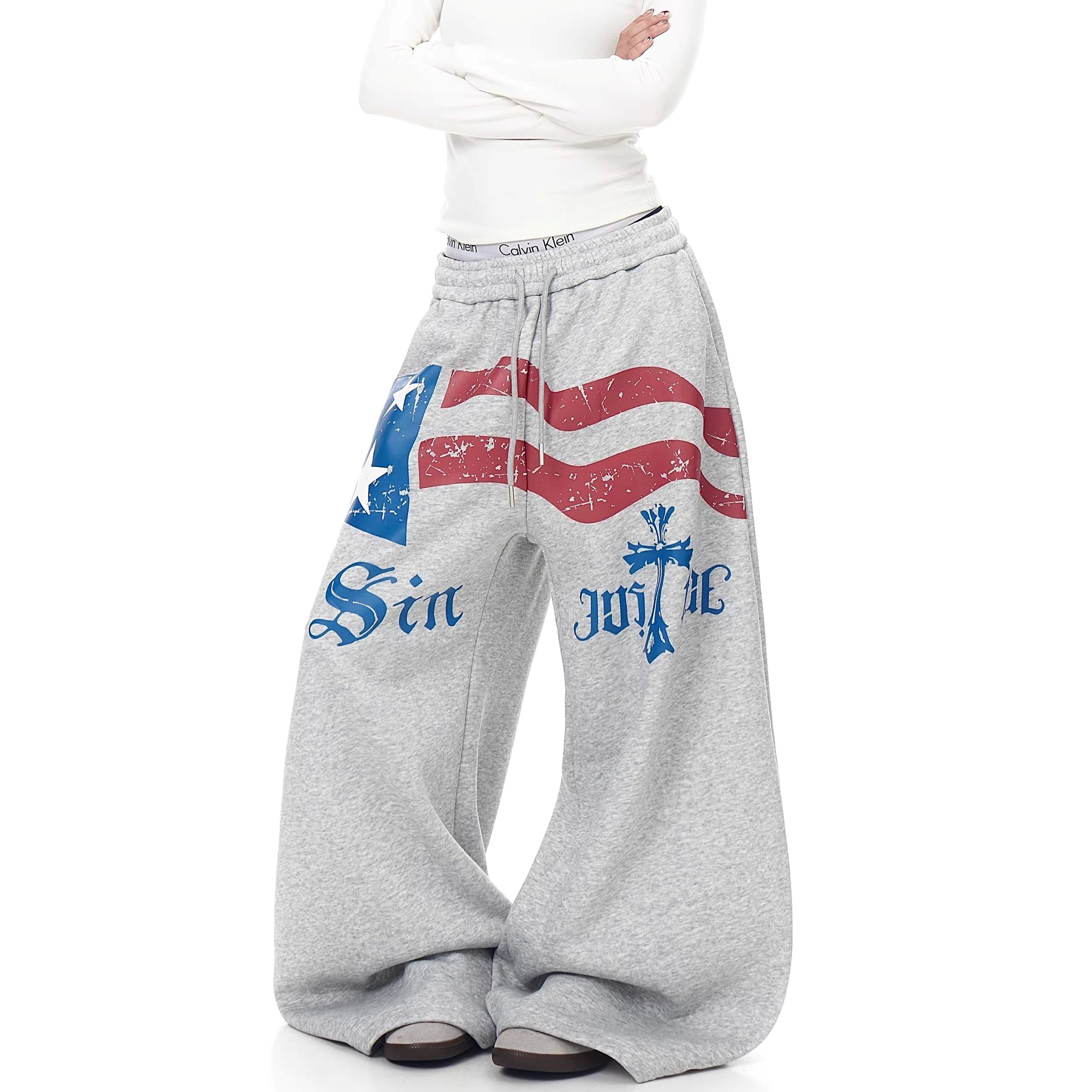 Flag Print Wide Sweat Curve Pants BK7067
