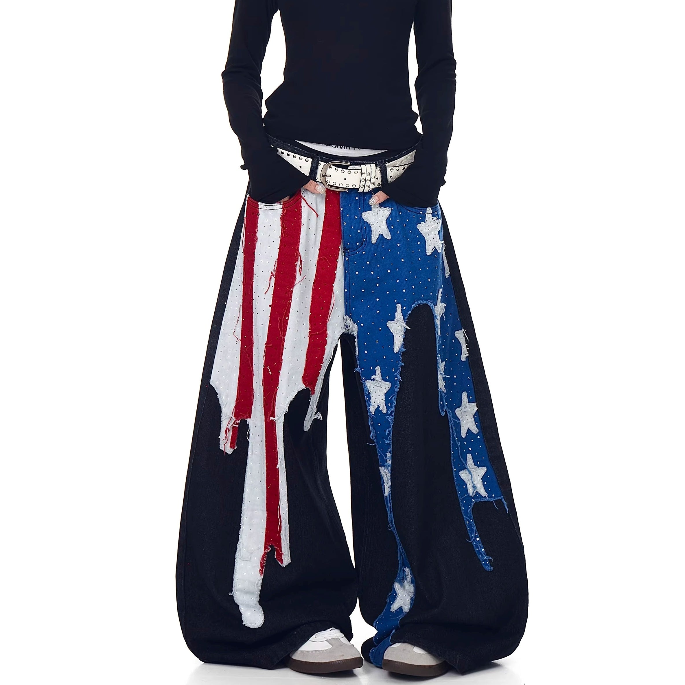 Fflag Patch Rhinestone Wide Curve Jeans BK7066