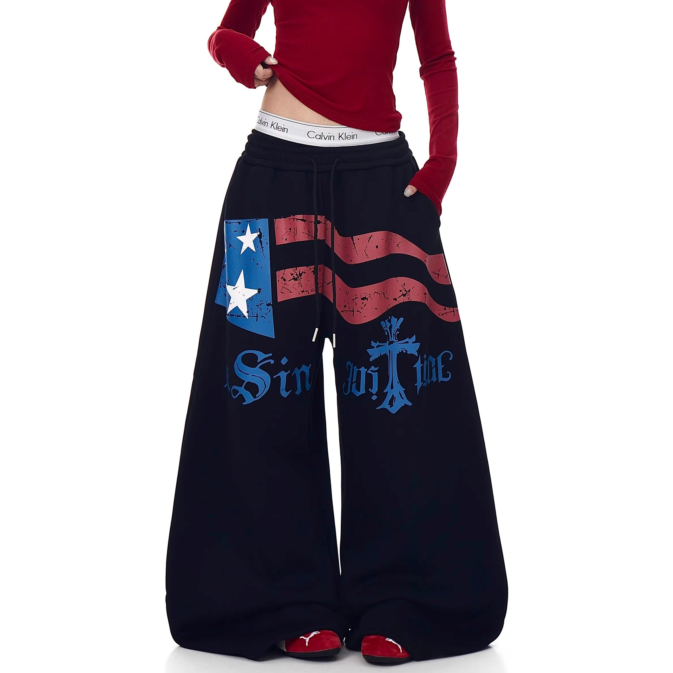 Flag Print Wide Sweat Curve Pants BK7067