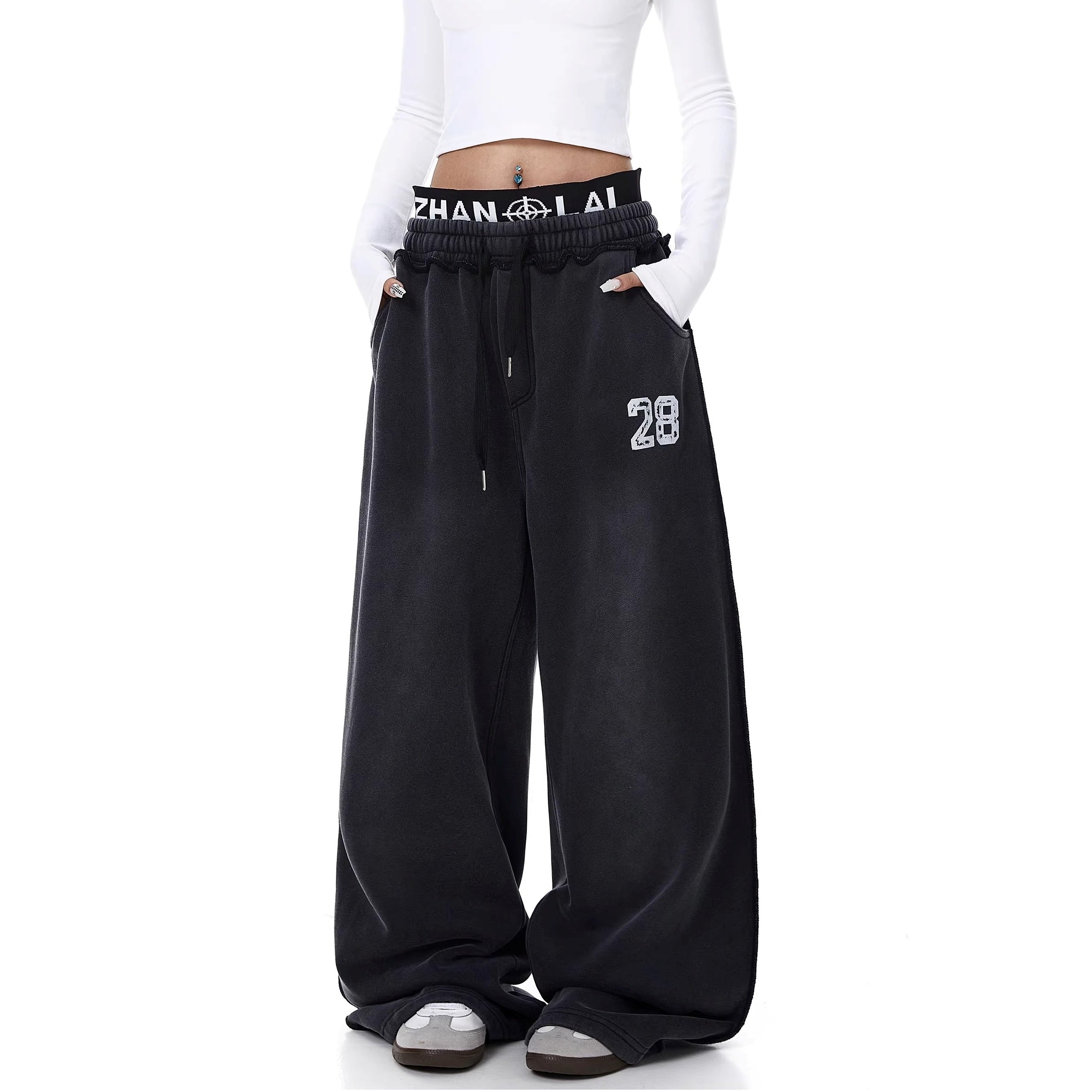 Washed Double Waist Letter Print Sweat Pants BK7069