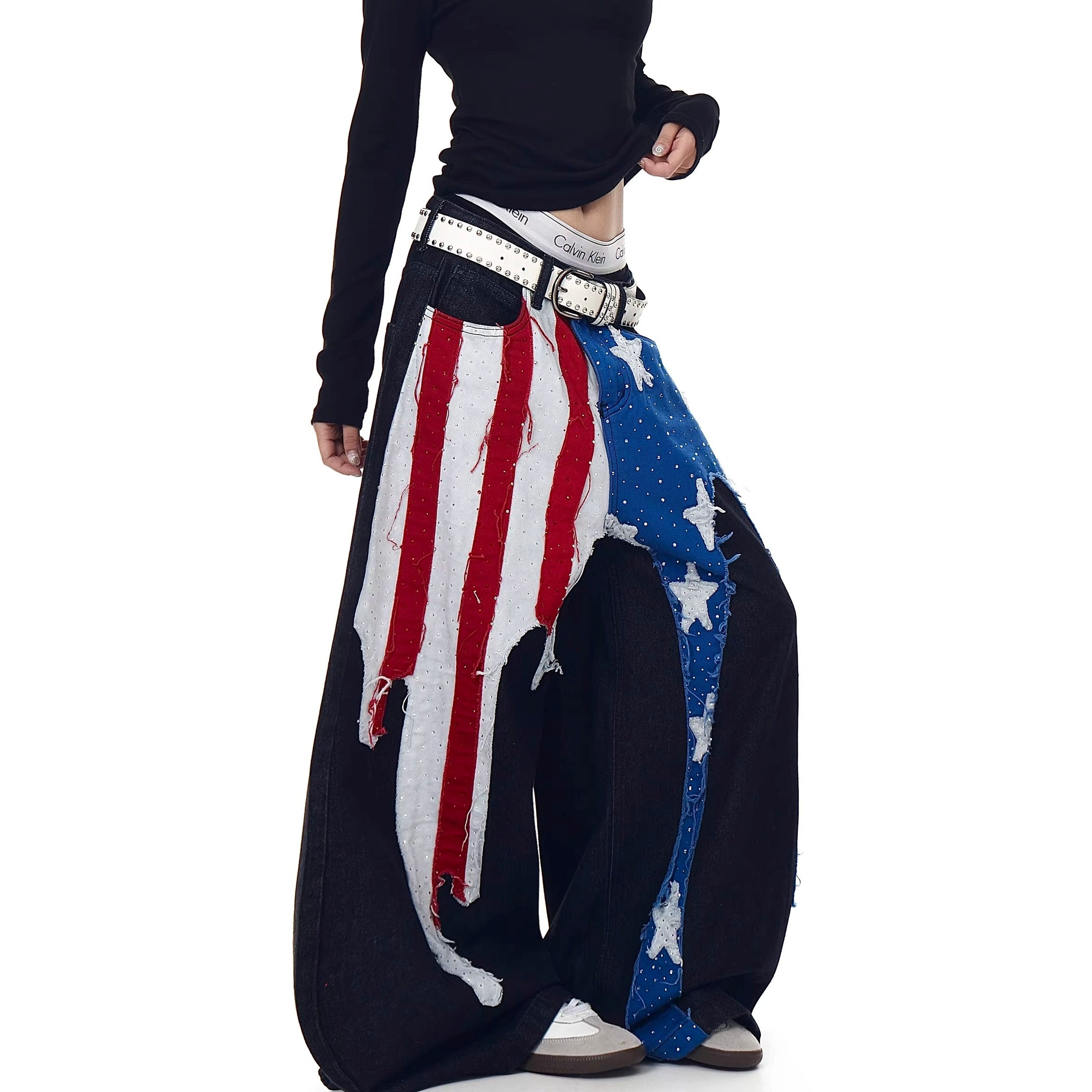 Fflag Patch Rhinestone Wide Curve Jeans BK7066