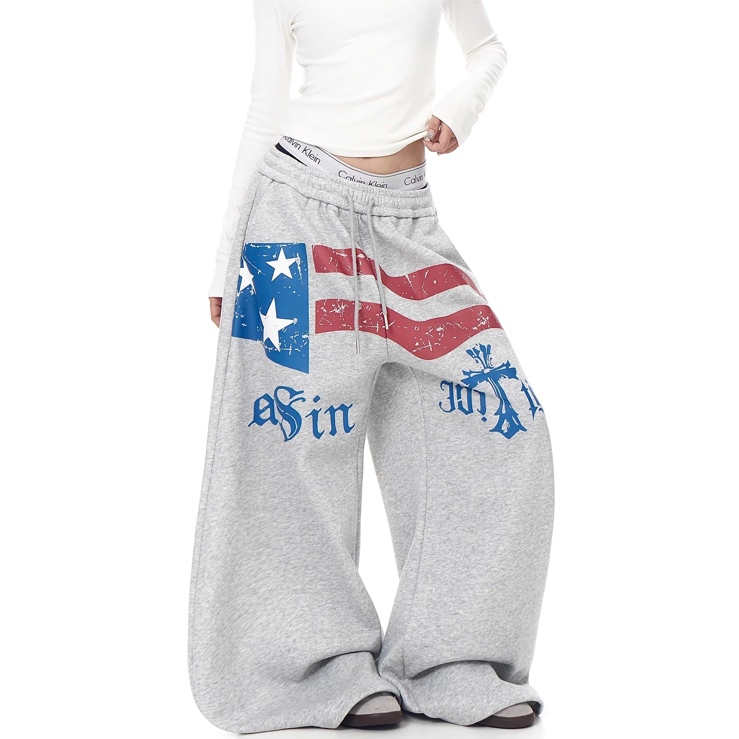 Flag Print Wide Sweat Curve Pants BK7067