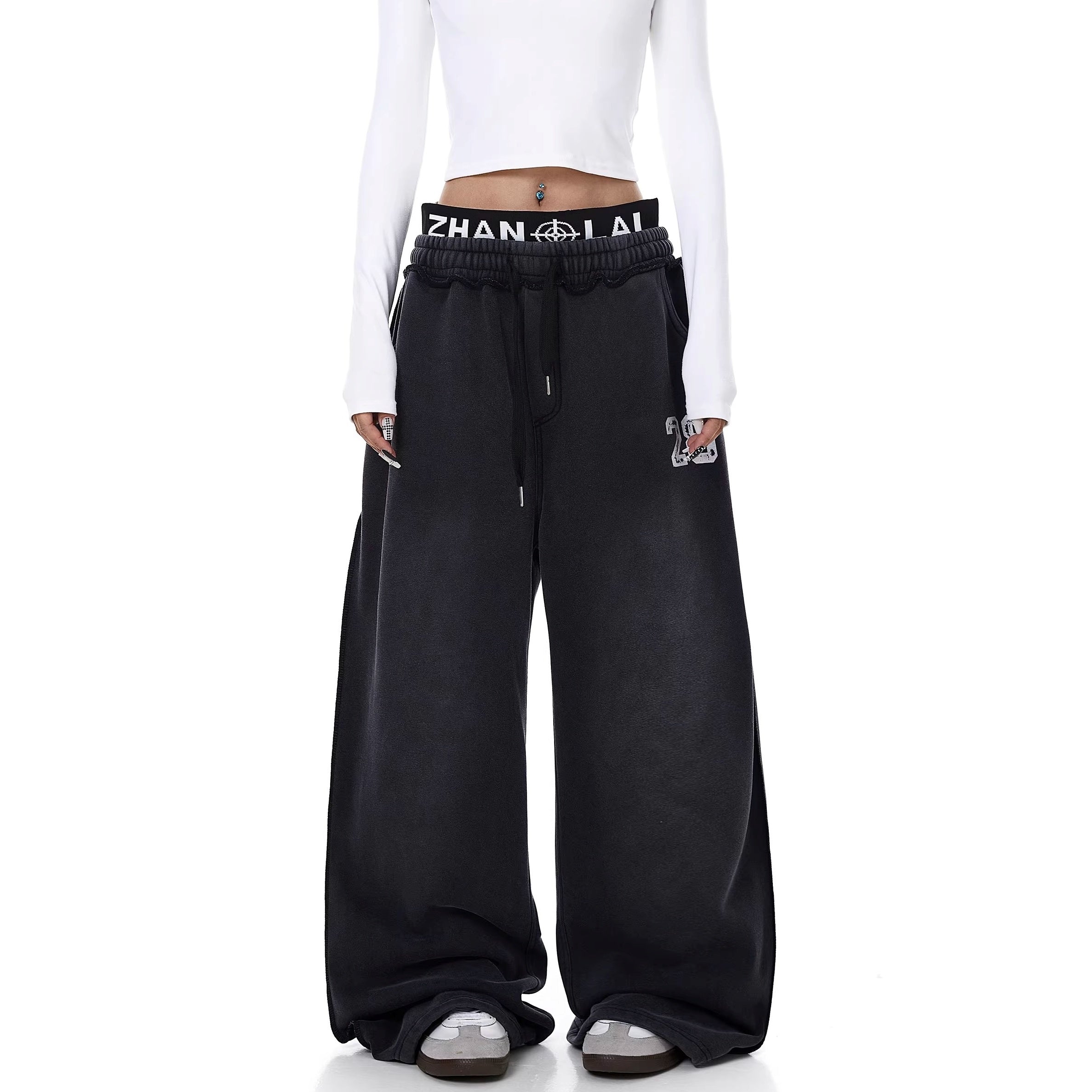 Washed Double Waist Letter Print Sweat Pants BK7069