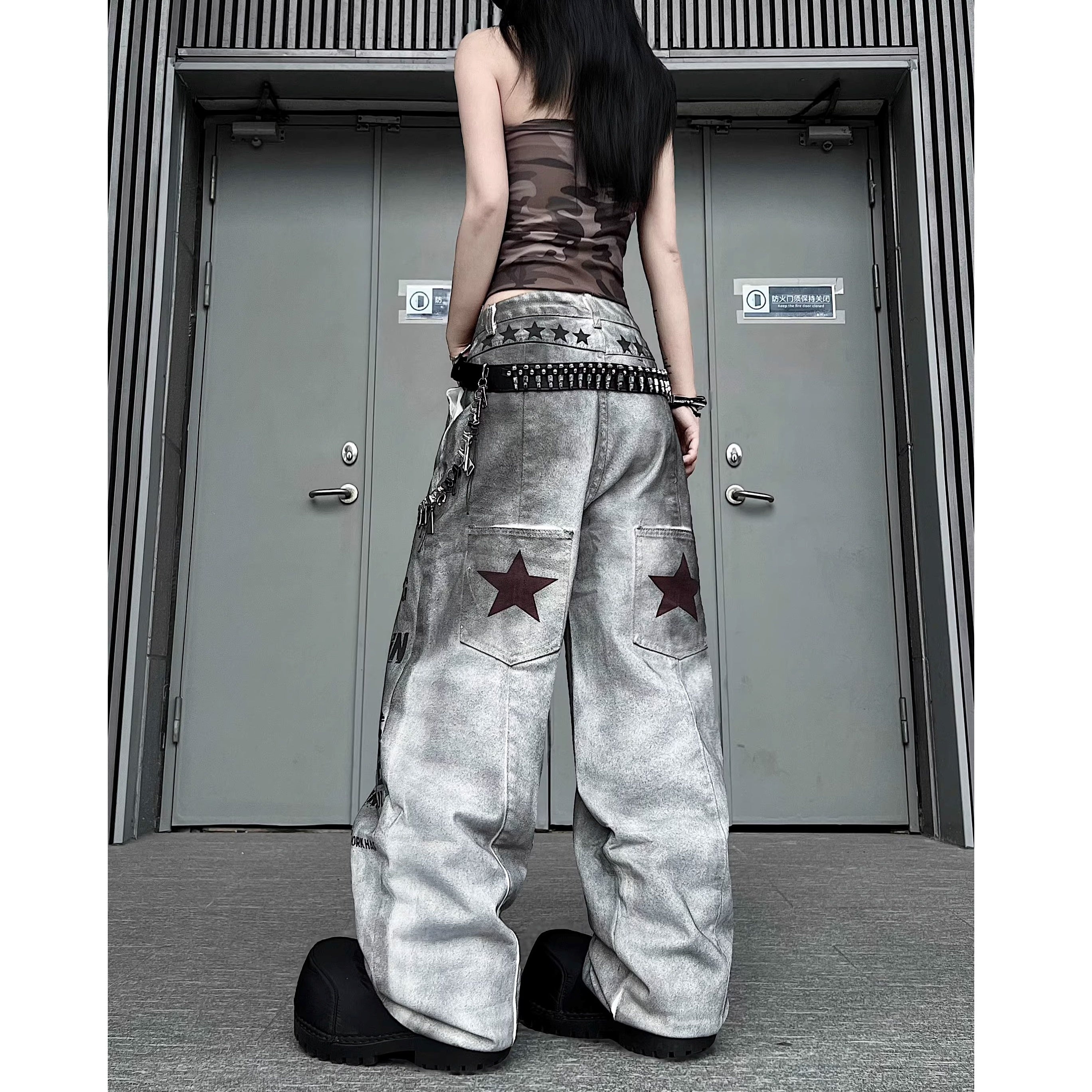 Stained Letter Star Graffiti Print Wide-leg Pants MW10355