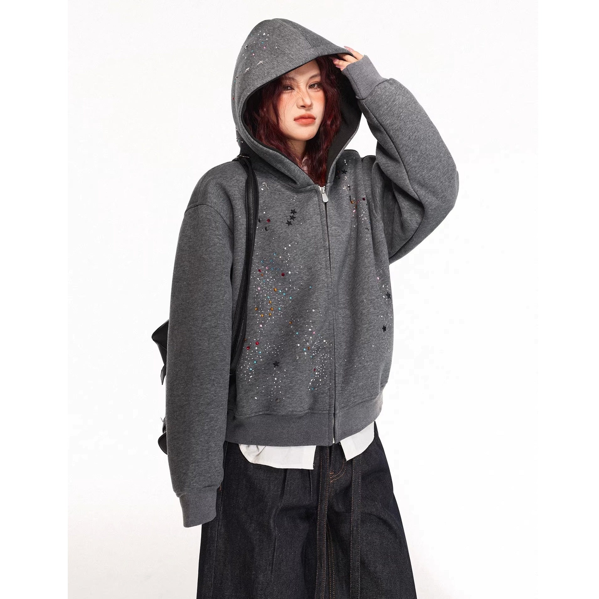 Rhinestone Design Zip Sweat Hoodie Jacket MW10314