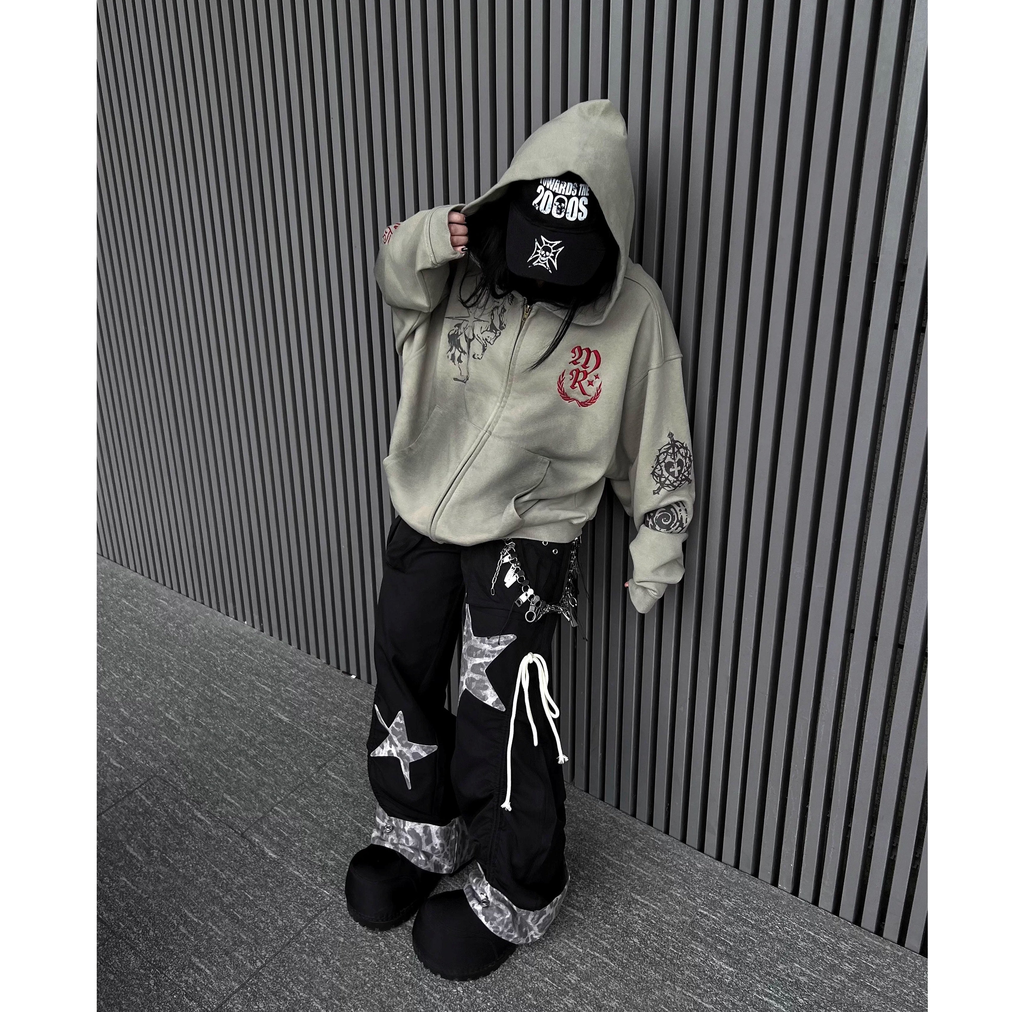 Dirty Washed Embroidery Zipper Hooded Parka MW10352