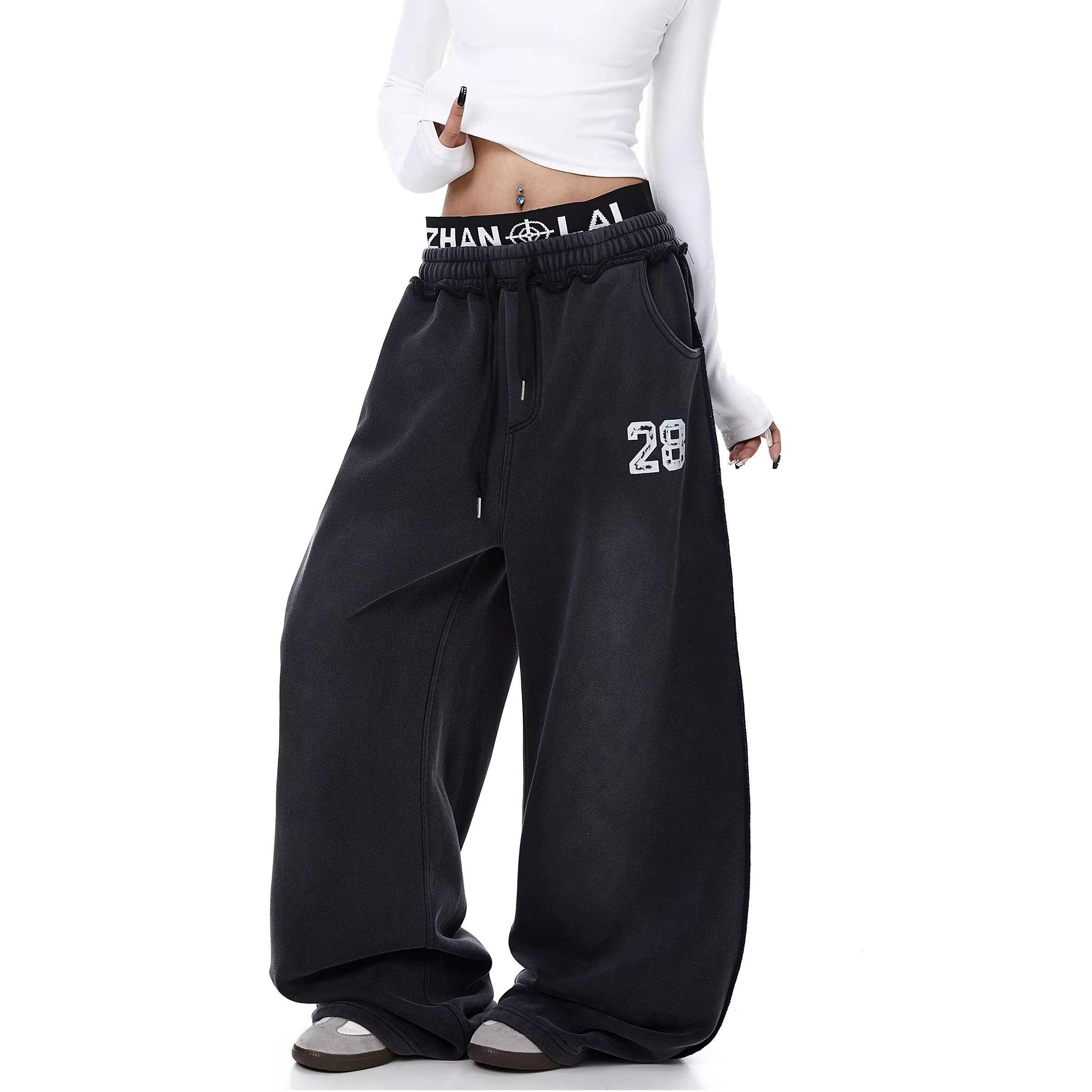 Washed Double Waist Letter Print Sweat Pants BK7069