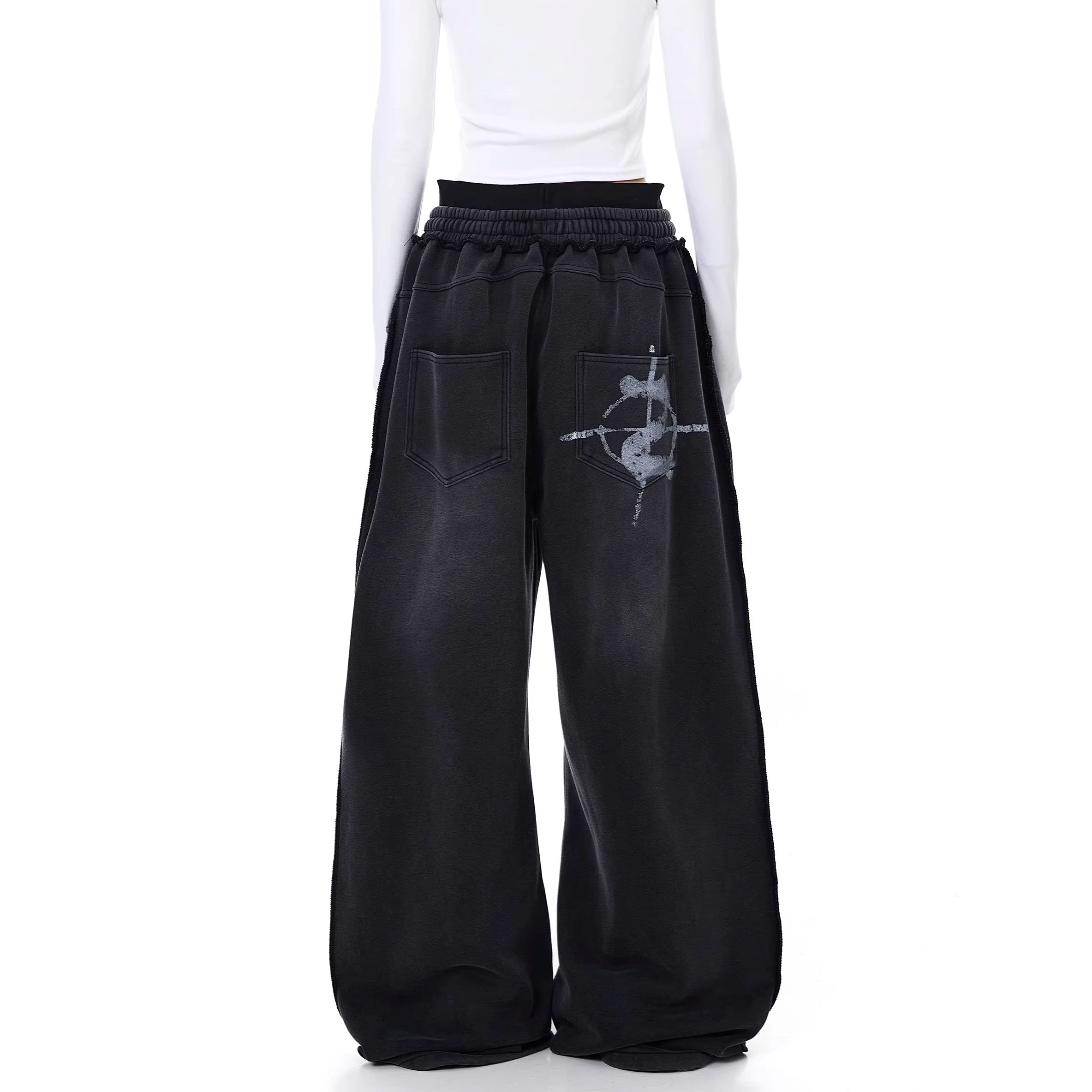 Washed Double Waist Letter Print Sweat Pants BK7069