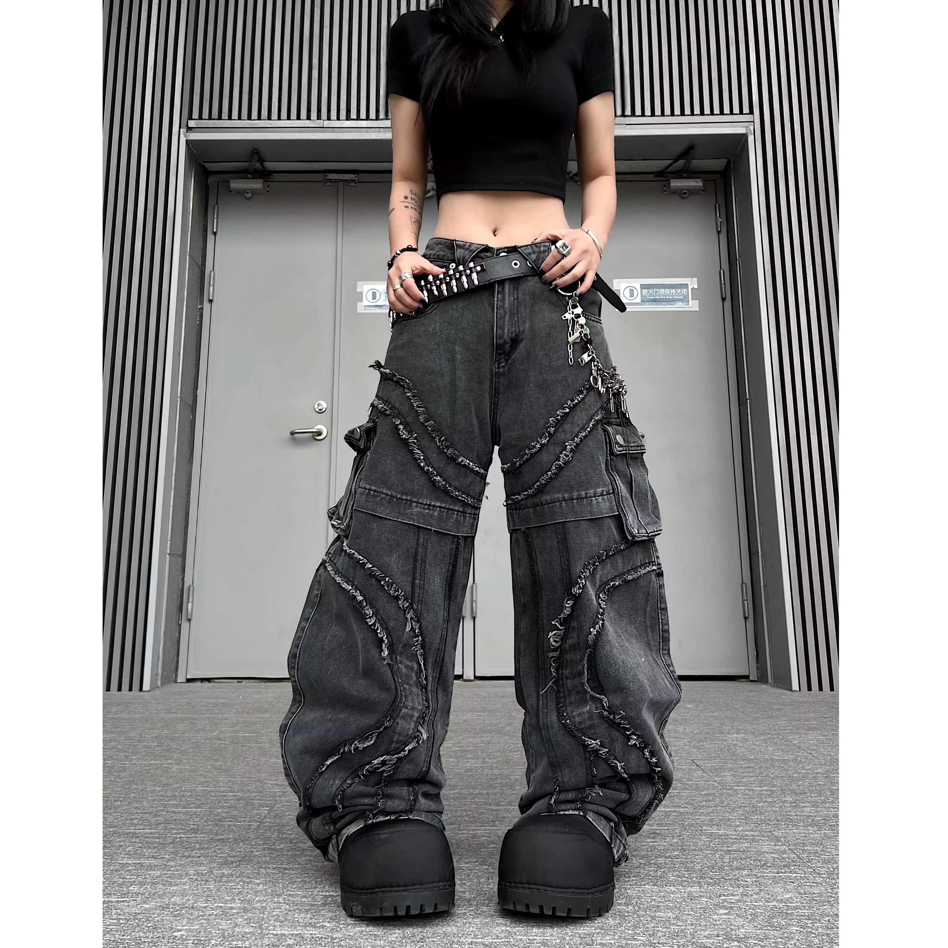 Washed Raw Edge Spliced Curve Jeans MW10351