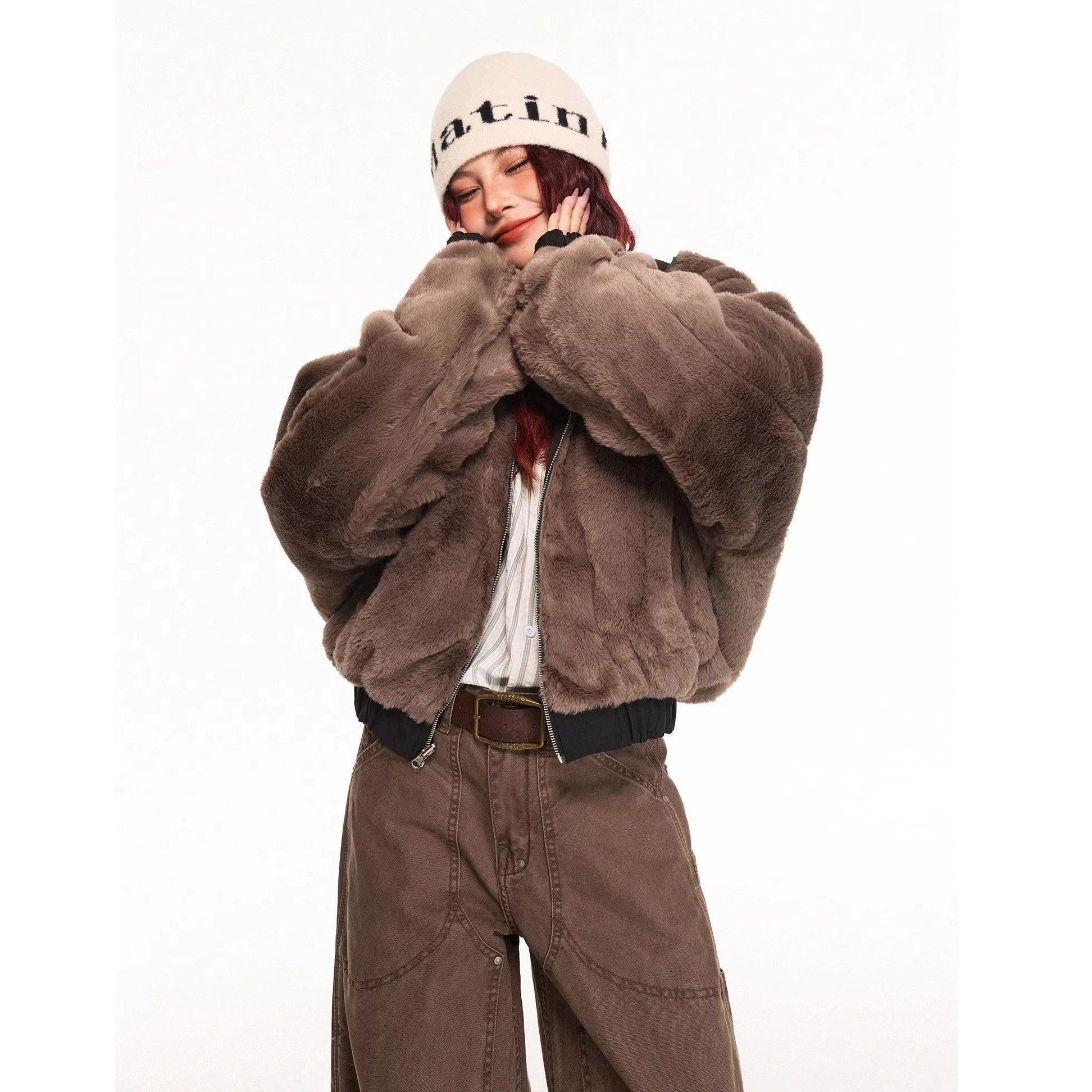 Reversible Cross Print Fur Hooded Jacket MW10315