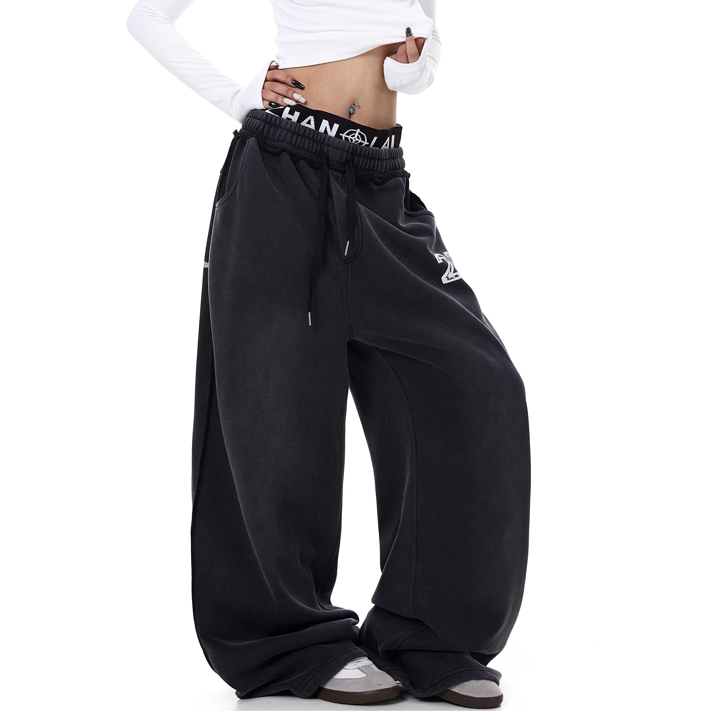 Washed Double Waist Letter Print Sweat Pants BK7069