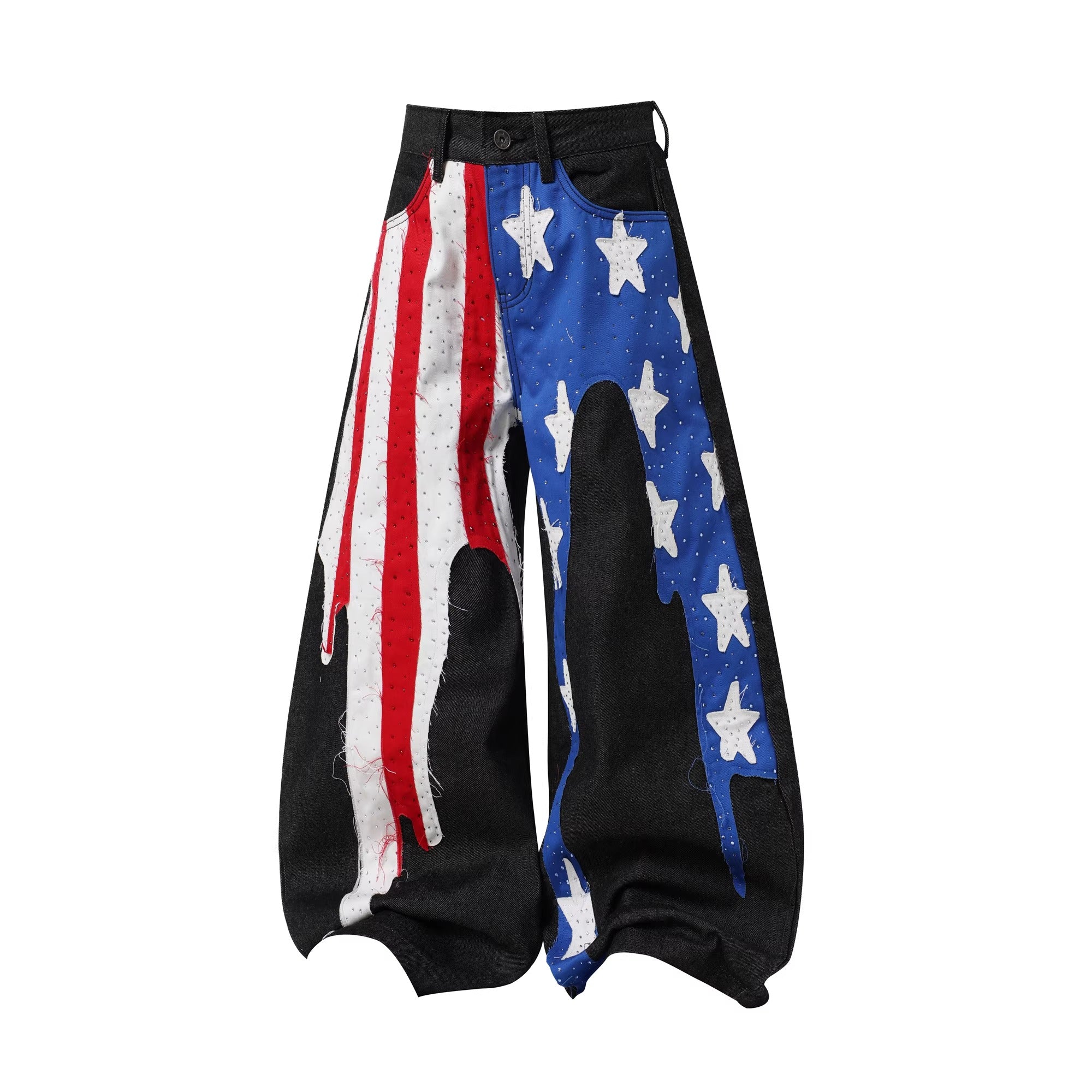 Fflag Patch Rhinestone Wide Curve Jeans BK7066