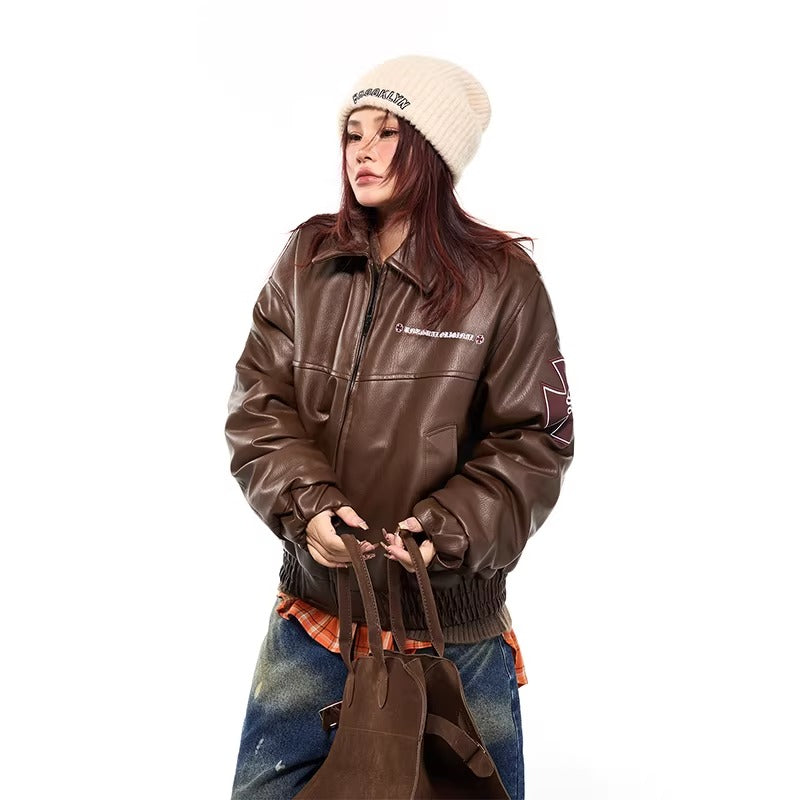 Cross Embroidery PU Leather Jacket MW10307