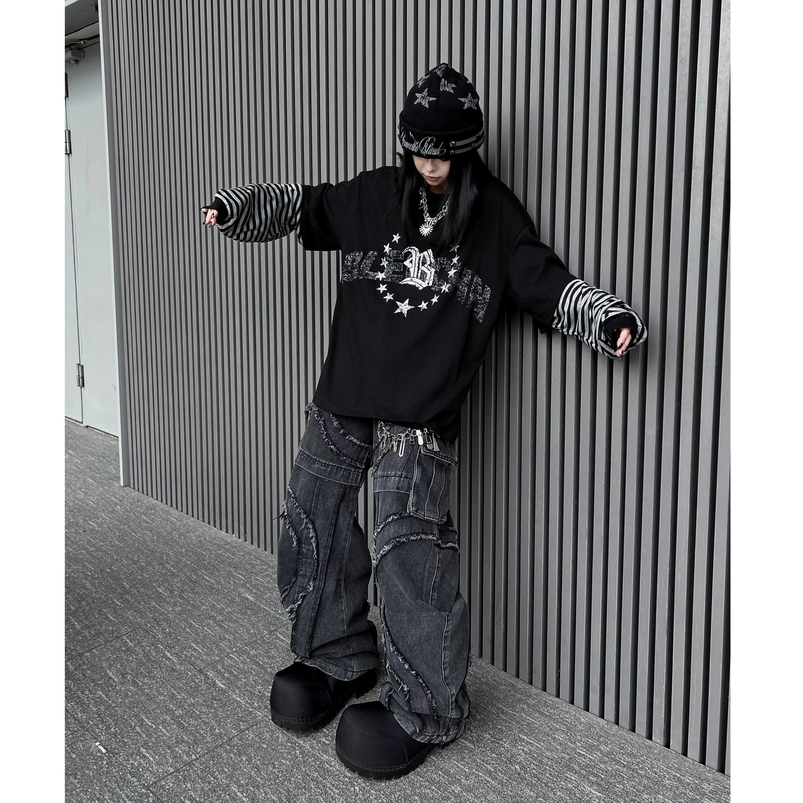 Washed Raw Edge Spliced Curve Jeans MW10351