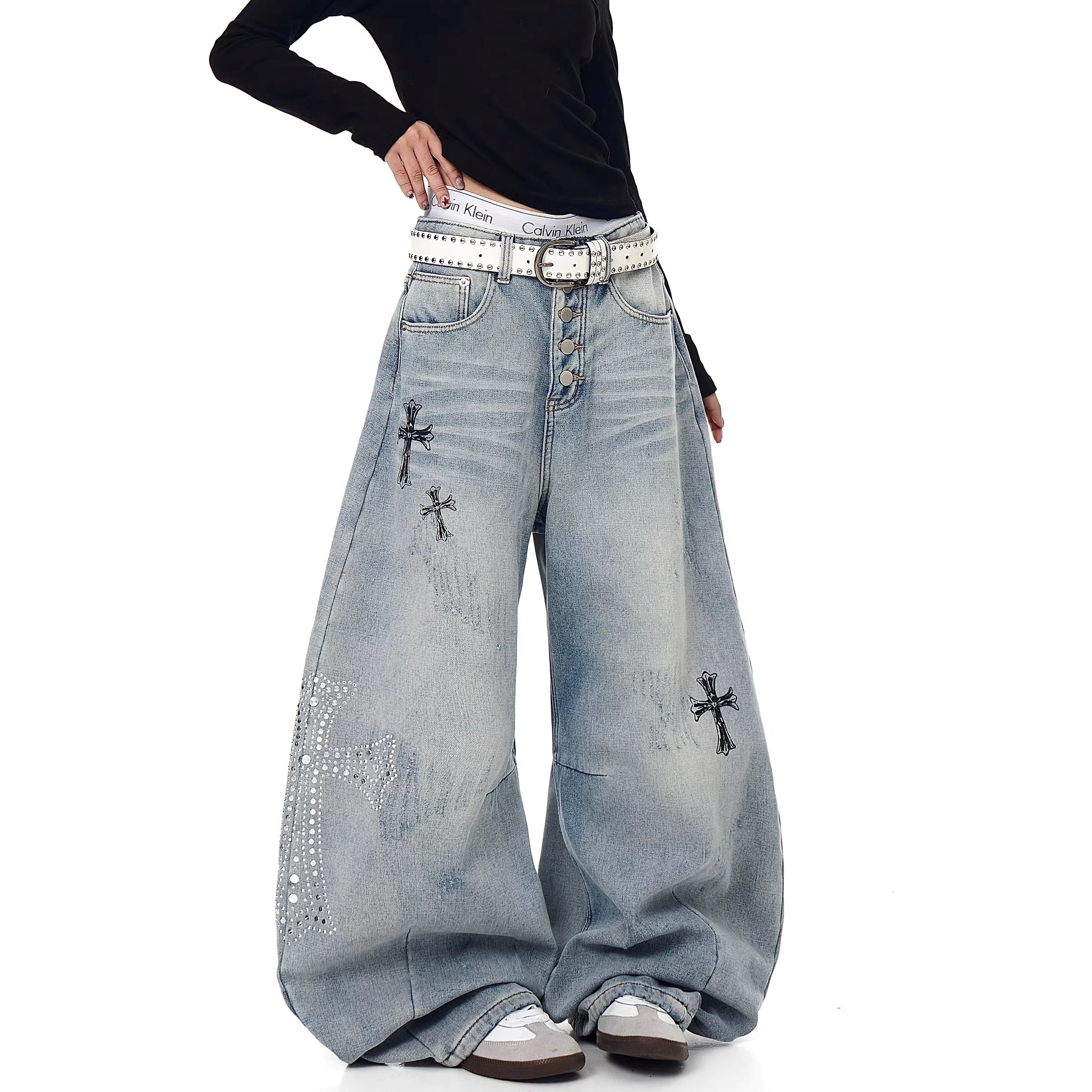 Cross Rhinestone Gothic Style Wide-Leg Jeans MW10357