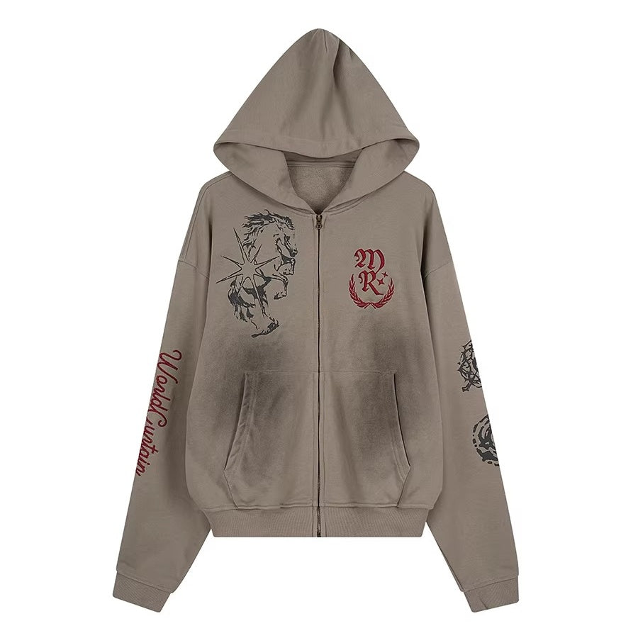 Dirty Washed Embroidery Zipper Hooded Parka MW10352