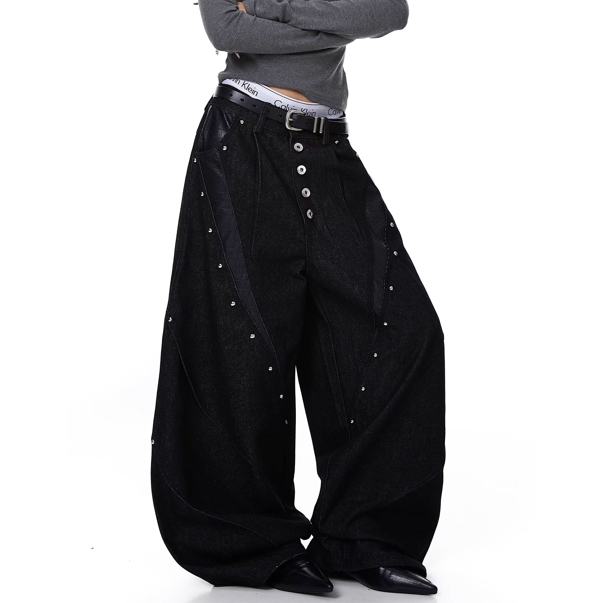 Deconstruction Studs Leather Patchwork Wide-leg Jeans MW10347