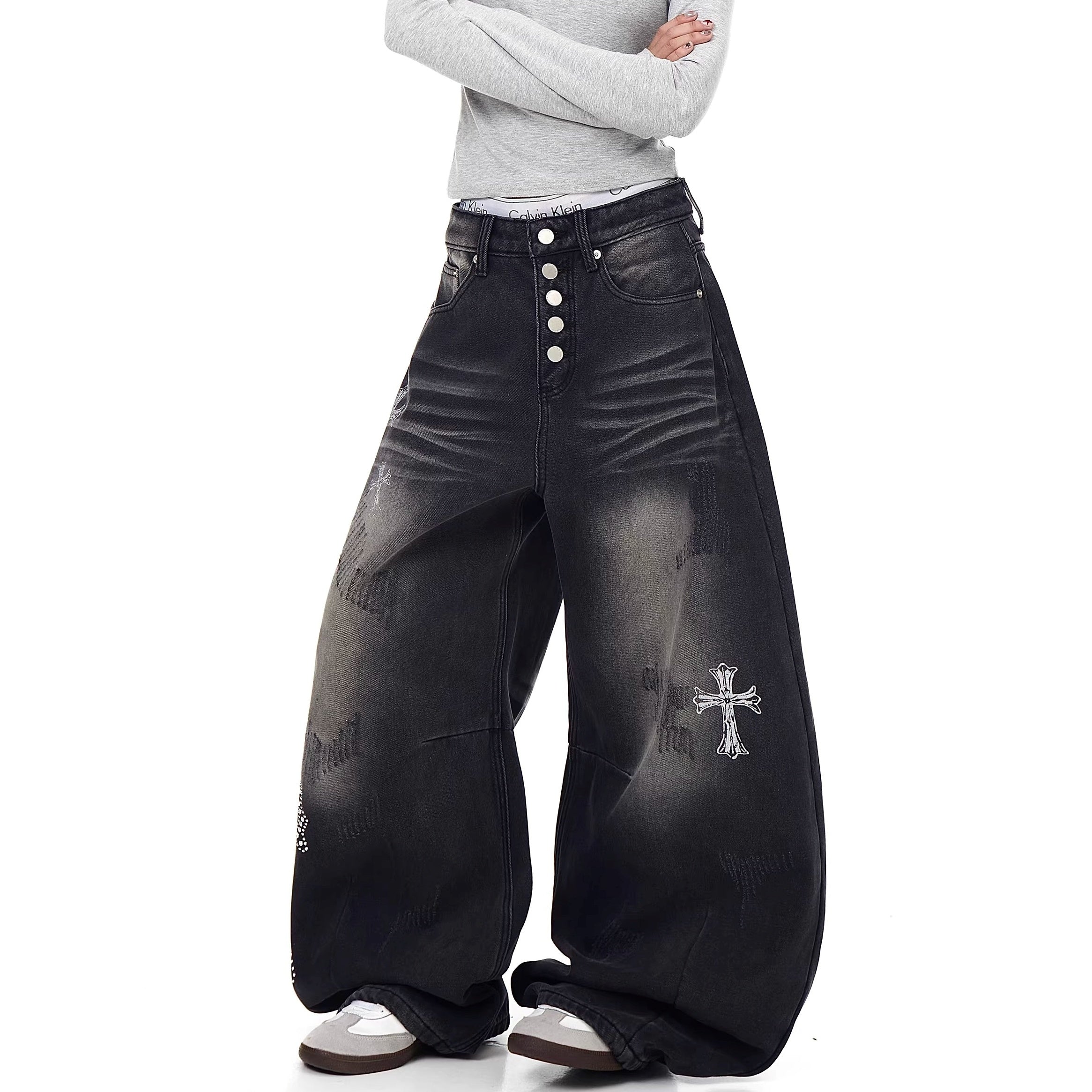 Cross Rhinestone Gothic Style Wide-Leg Jeans MW10357