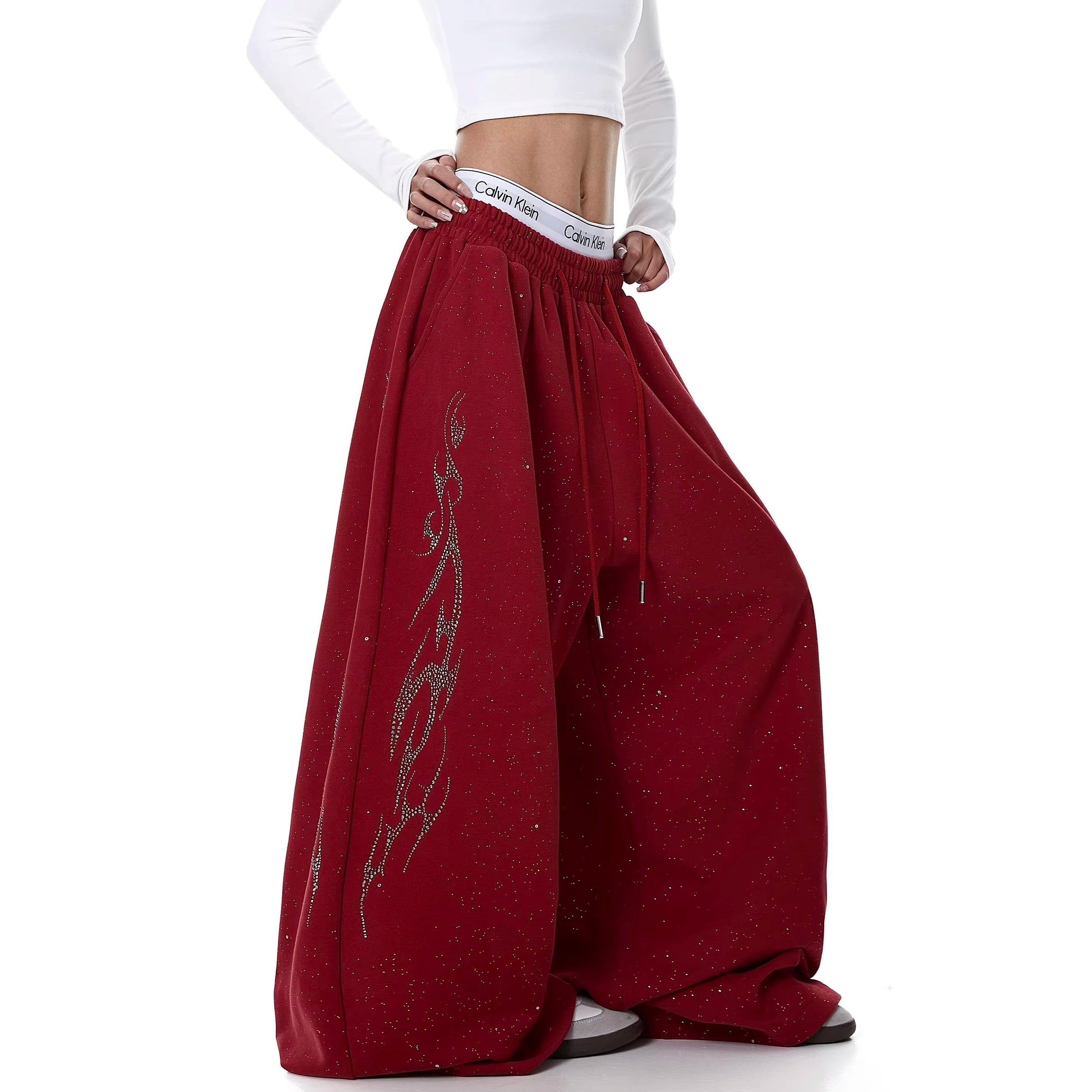 Flame Rhinestoner Wide Curve Sweat Pants MW10359