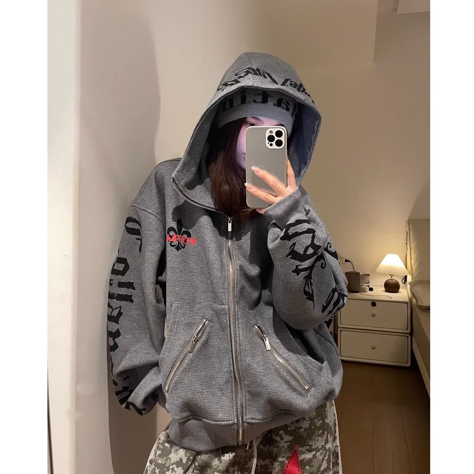 Gothic Letter Zipper Hooded Parka MW10354