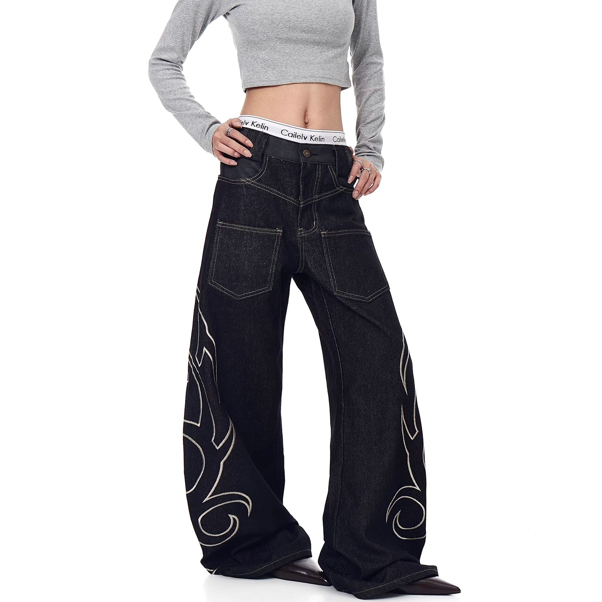 Flame Embroidery Wide-leg Curve Jeans MW10363