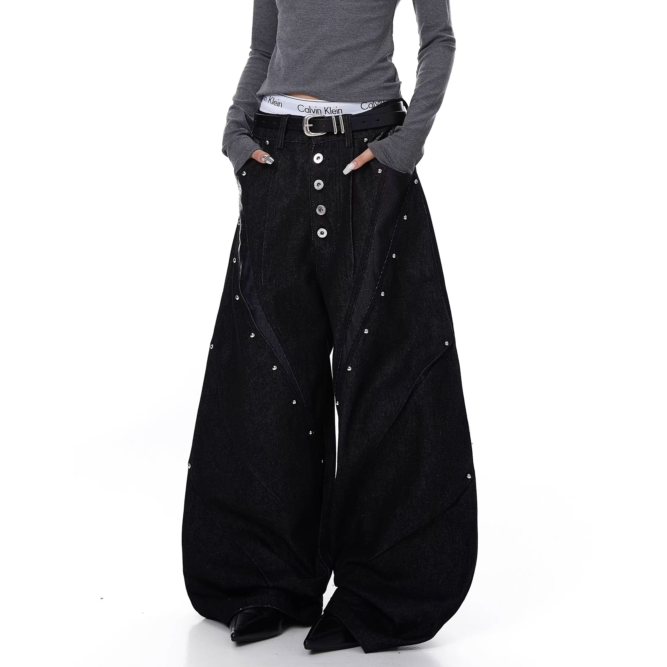 Deconstruction Studs Leather Patchwork Wide-leg Jeans MW10347