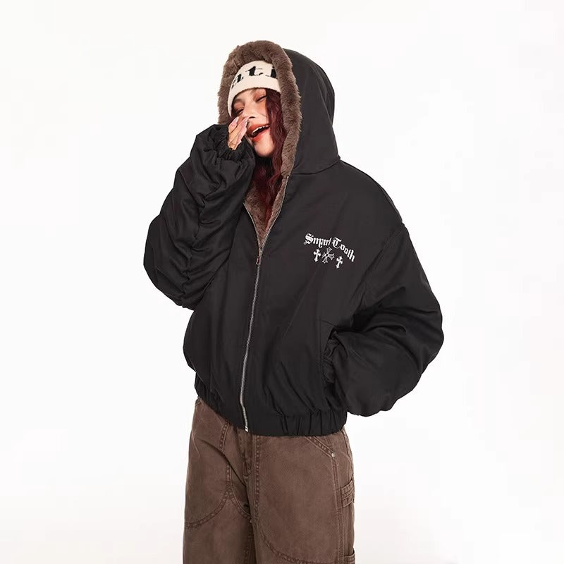 Reversible Cross Print Fur Hooded Jacket MW10315