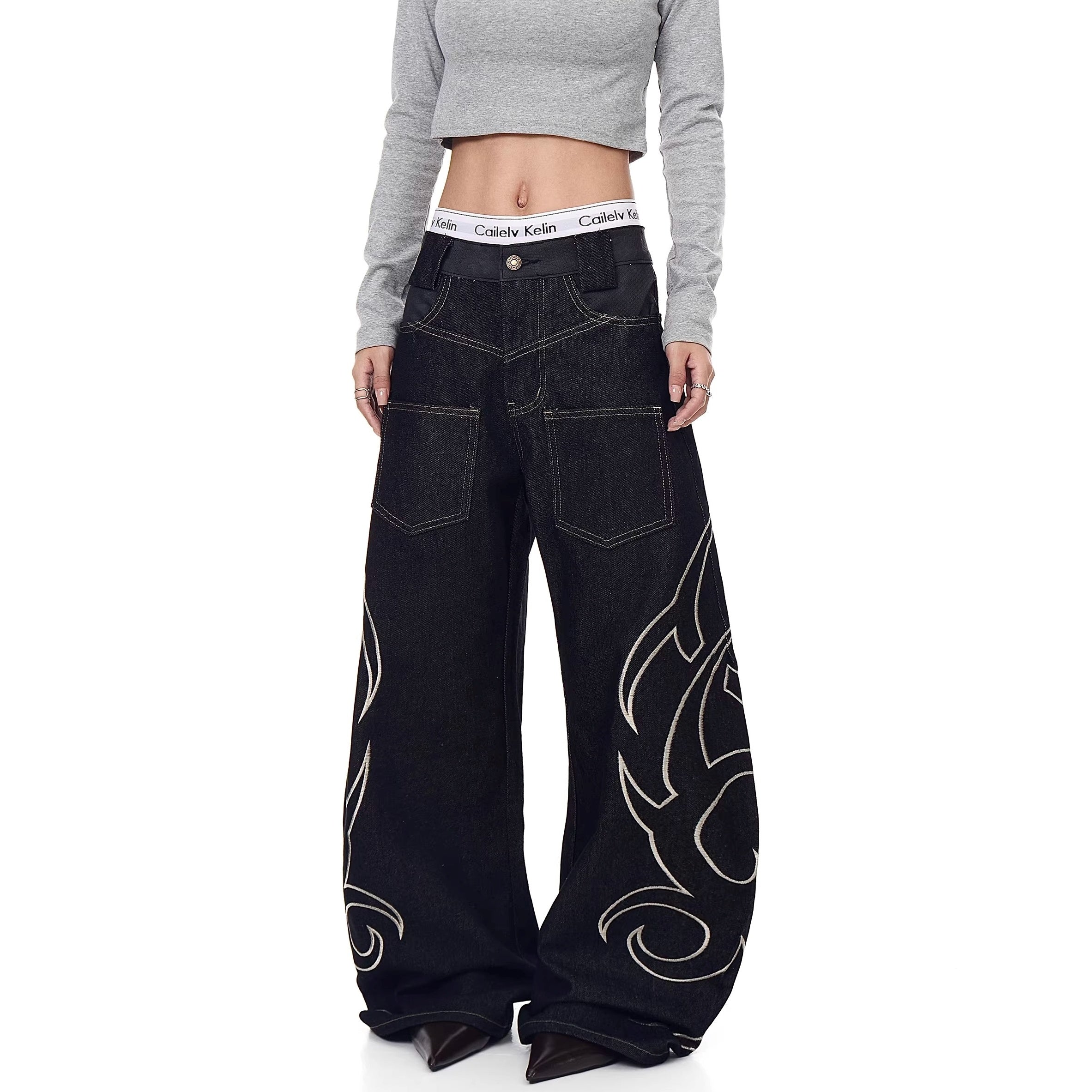 Flame Embroidery Wide-leg Curve Jeans MW10363