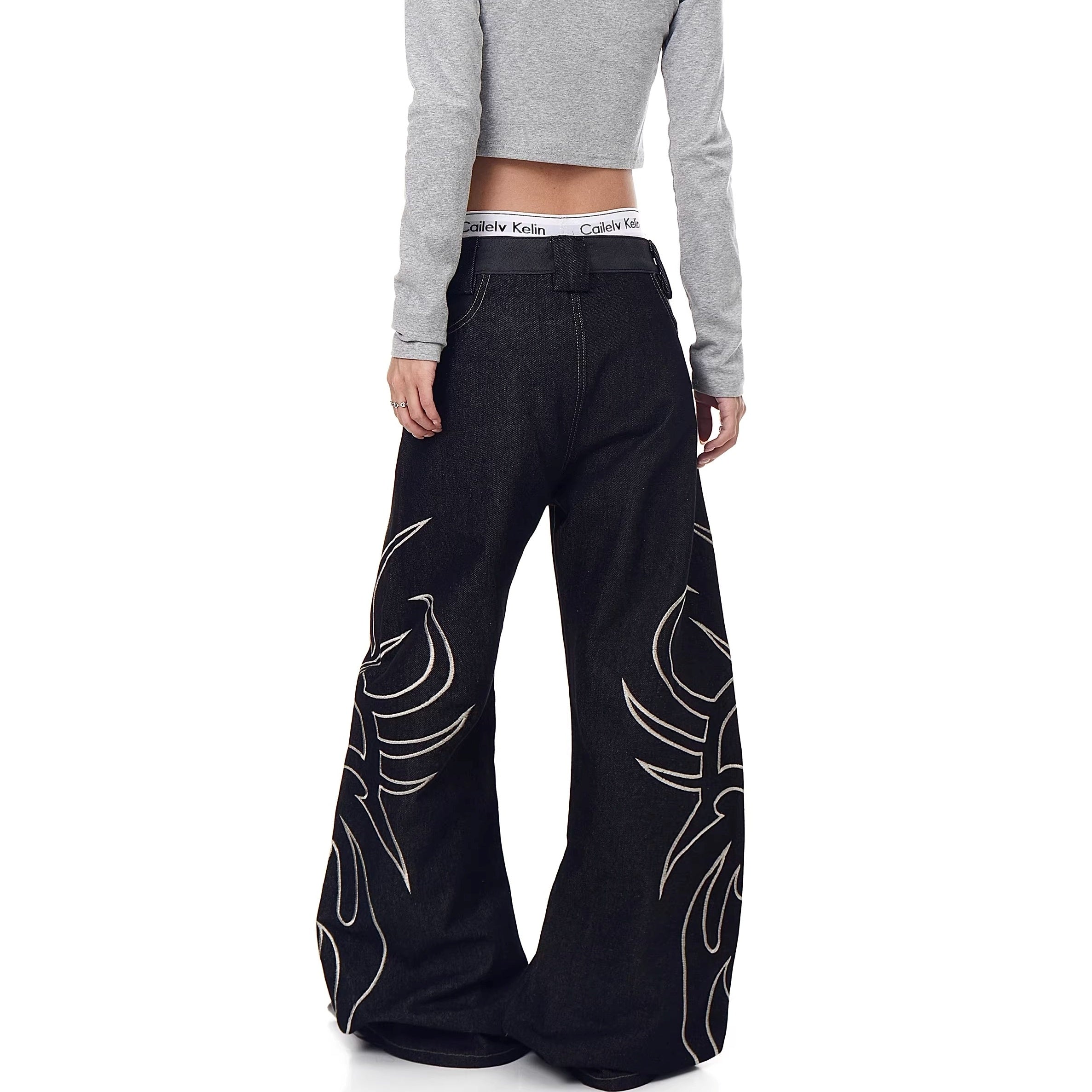 Flame Embroidery Wide-leg Curve Jeans MW10363