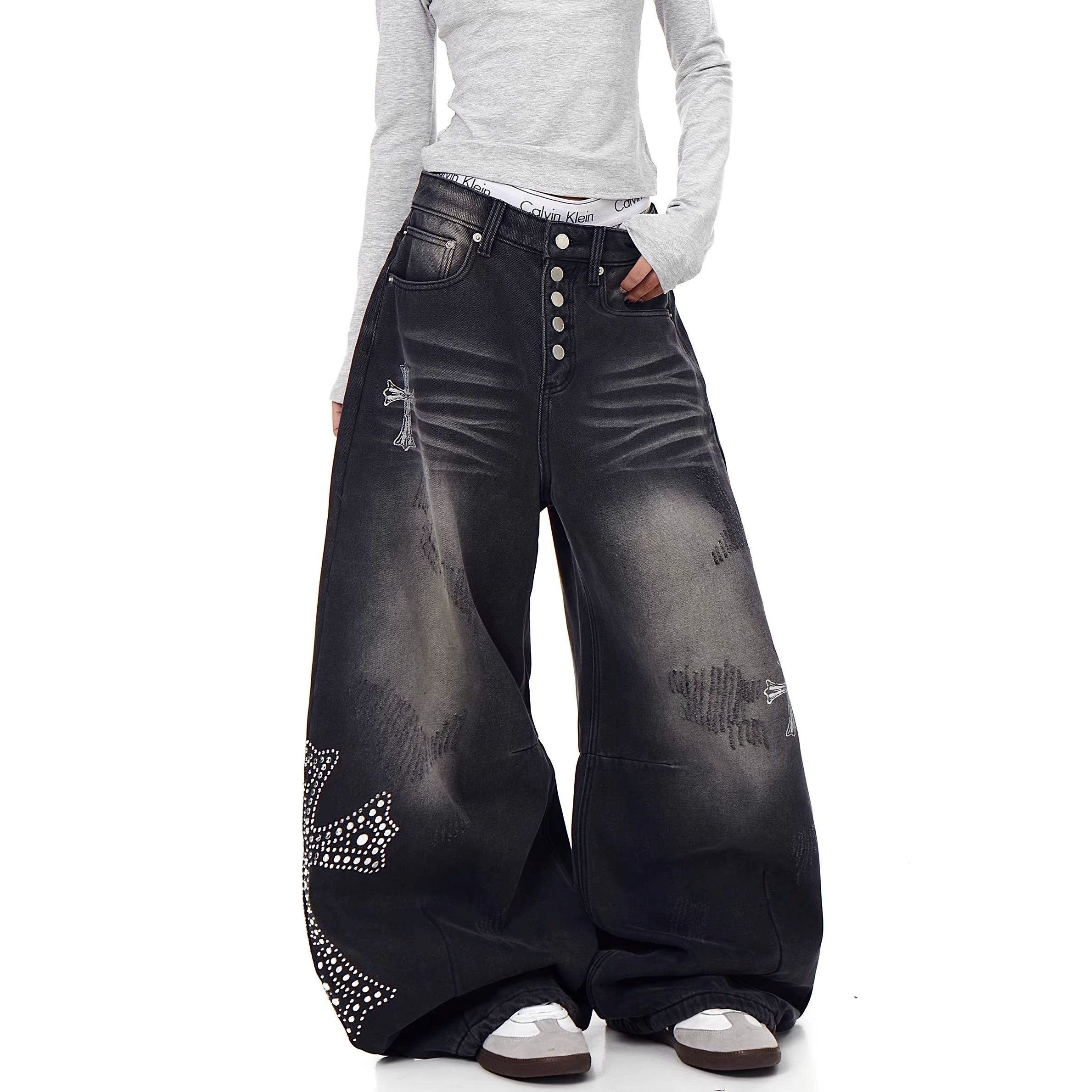 Cross Rhinestone Gothic Style Wide-Leg Jeans MW10357