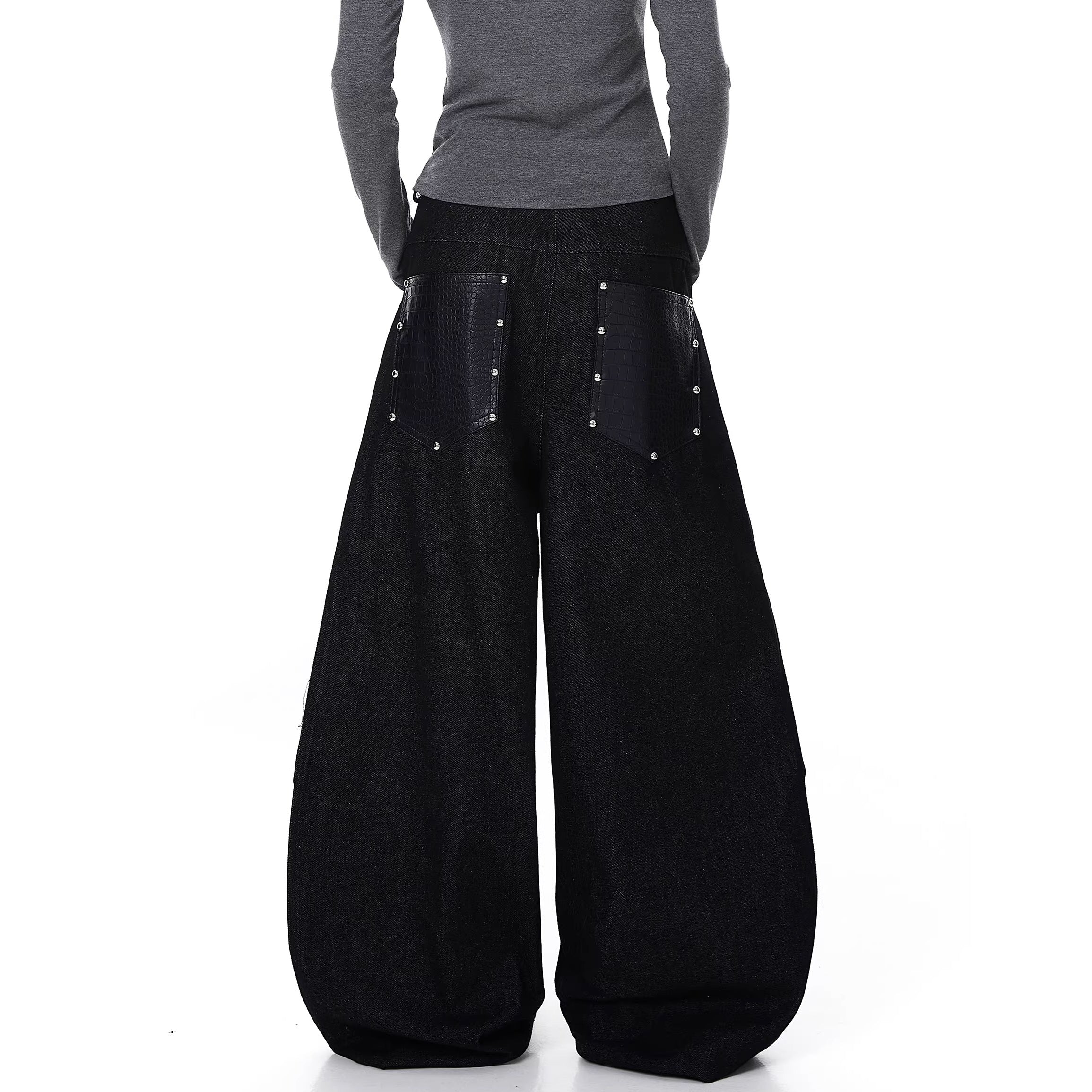 Deconstruction Studs Leather Patchwork Wide-leg Jeans MW10347