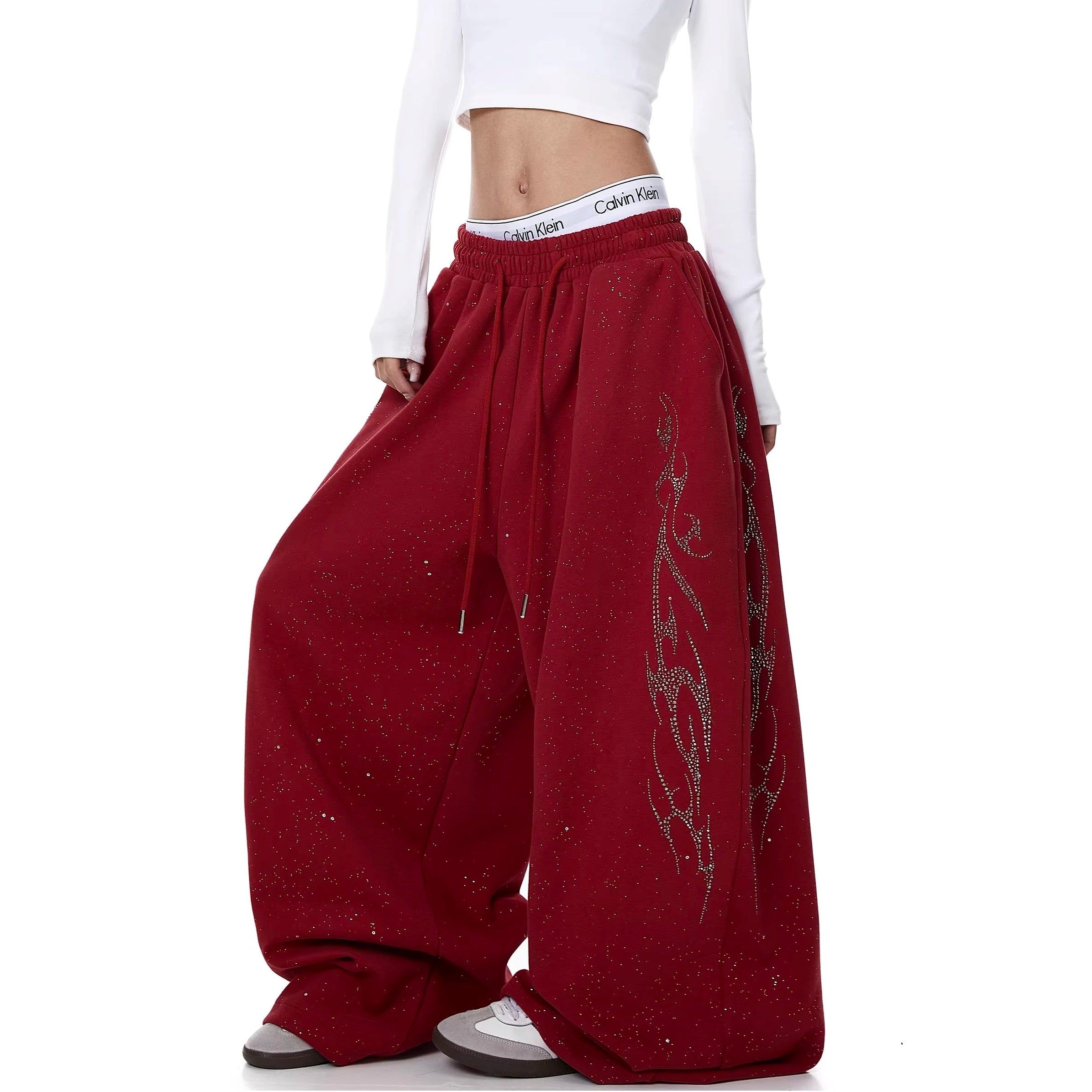 Flame Rhinestoner Wide Curve Sweat Pants MW10359