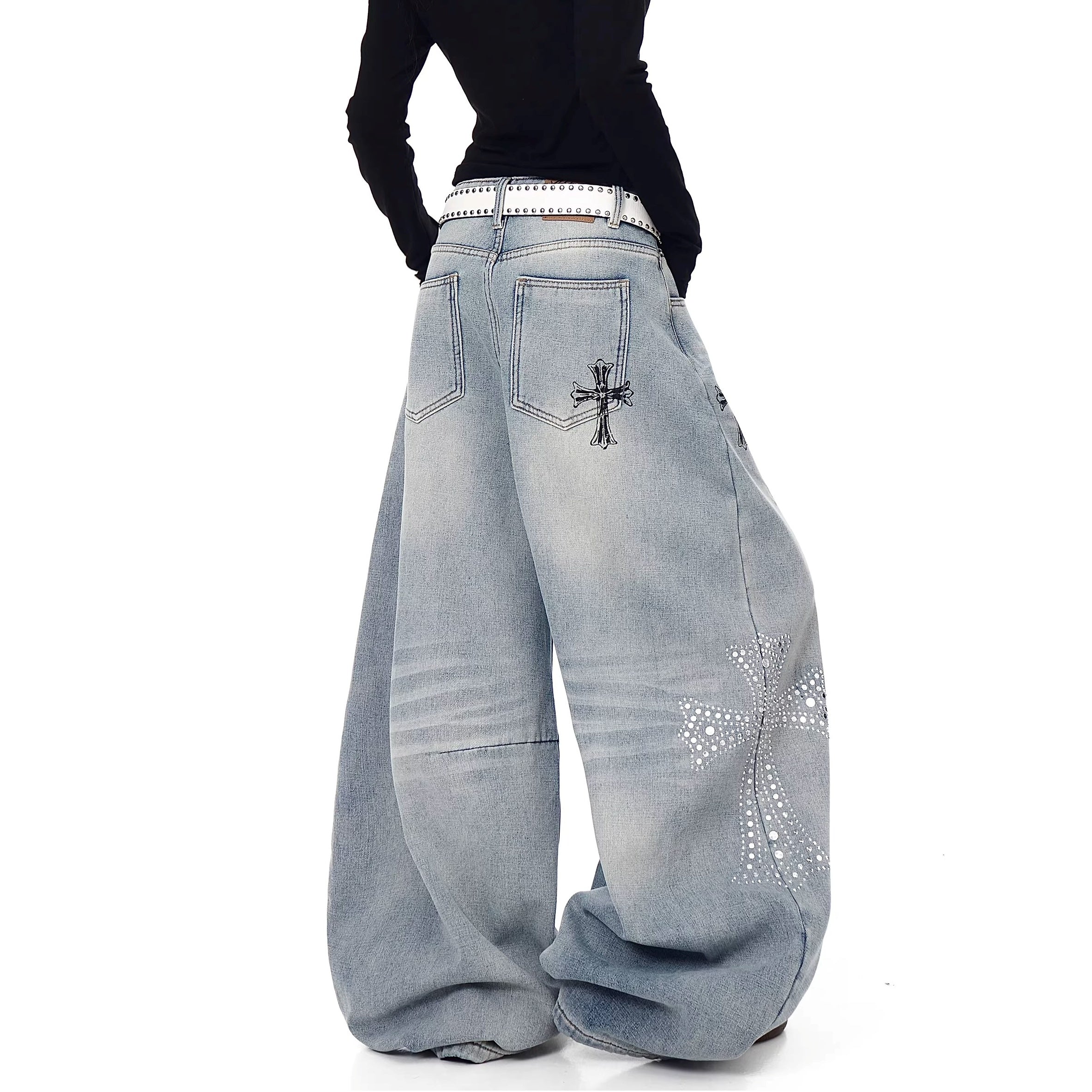 Cross Rhinestone Gothic Style Wide-Leg Jeans MW10357