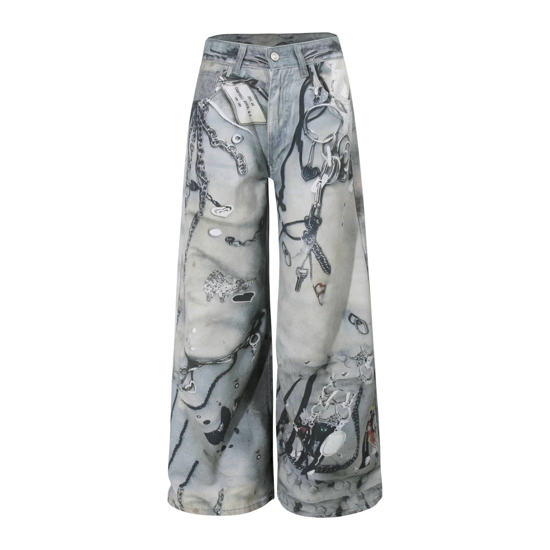 Chain Tag Graffiti Printed Washed Wide-leg Jeans MW10308