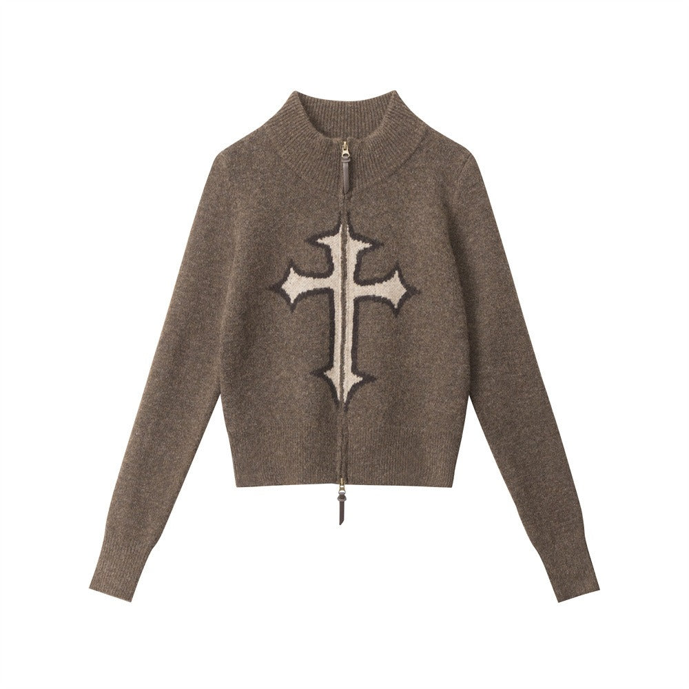 Cross Jacquard Short Knit Zip Cardigan NR7011