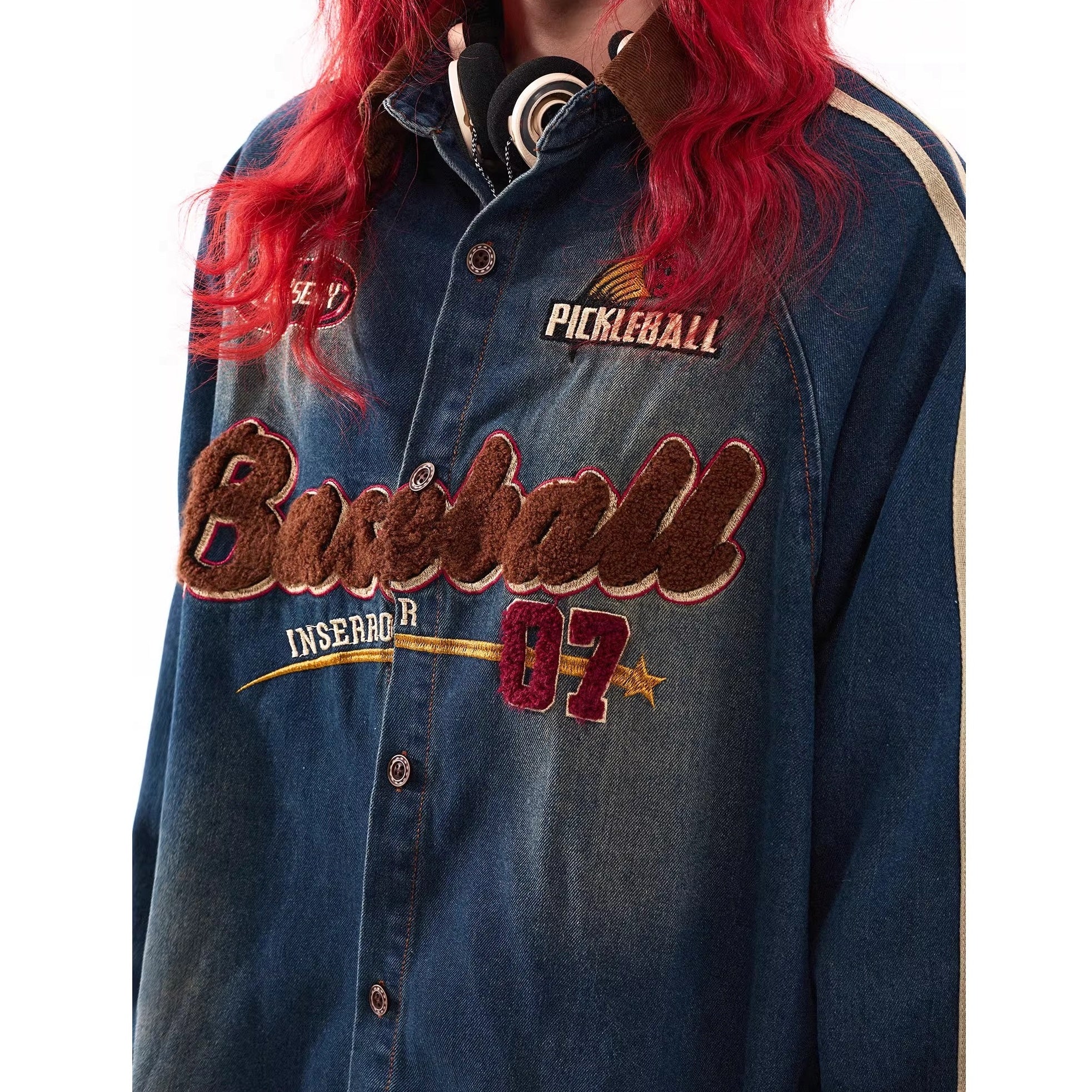 Flocking Letter Embroidery Washed Denim Shirt MW10317