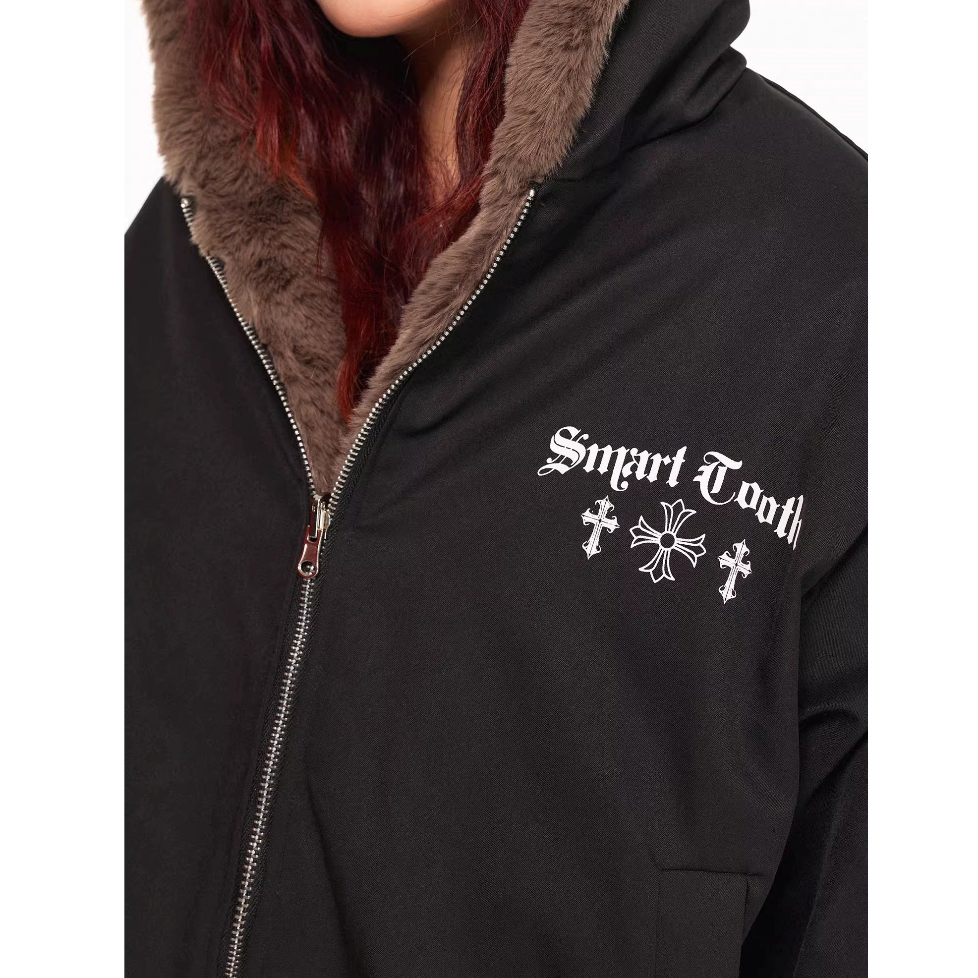 Reversible Cross Print Fur Hooded Jacket MW10315