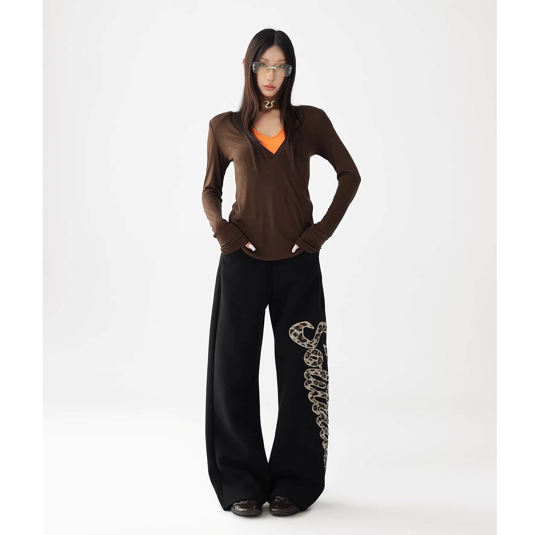 Leopard Print Embroidered Straight Loose Sweat Pants AC7022