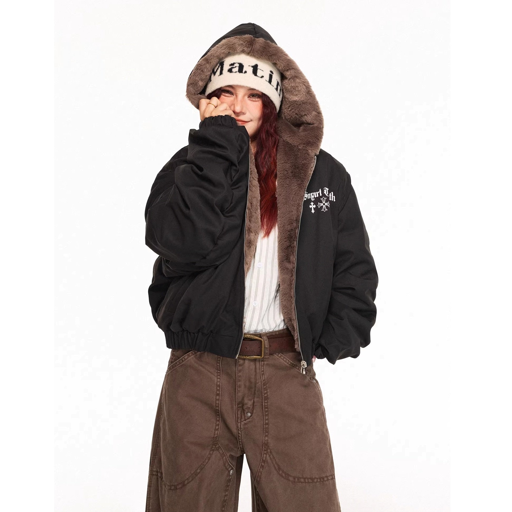 Reversible Cross Print Fur Hooded Jacket MW10315