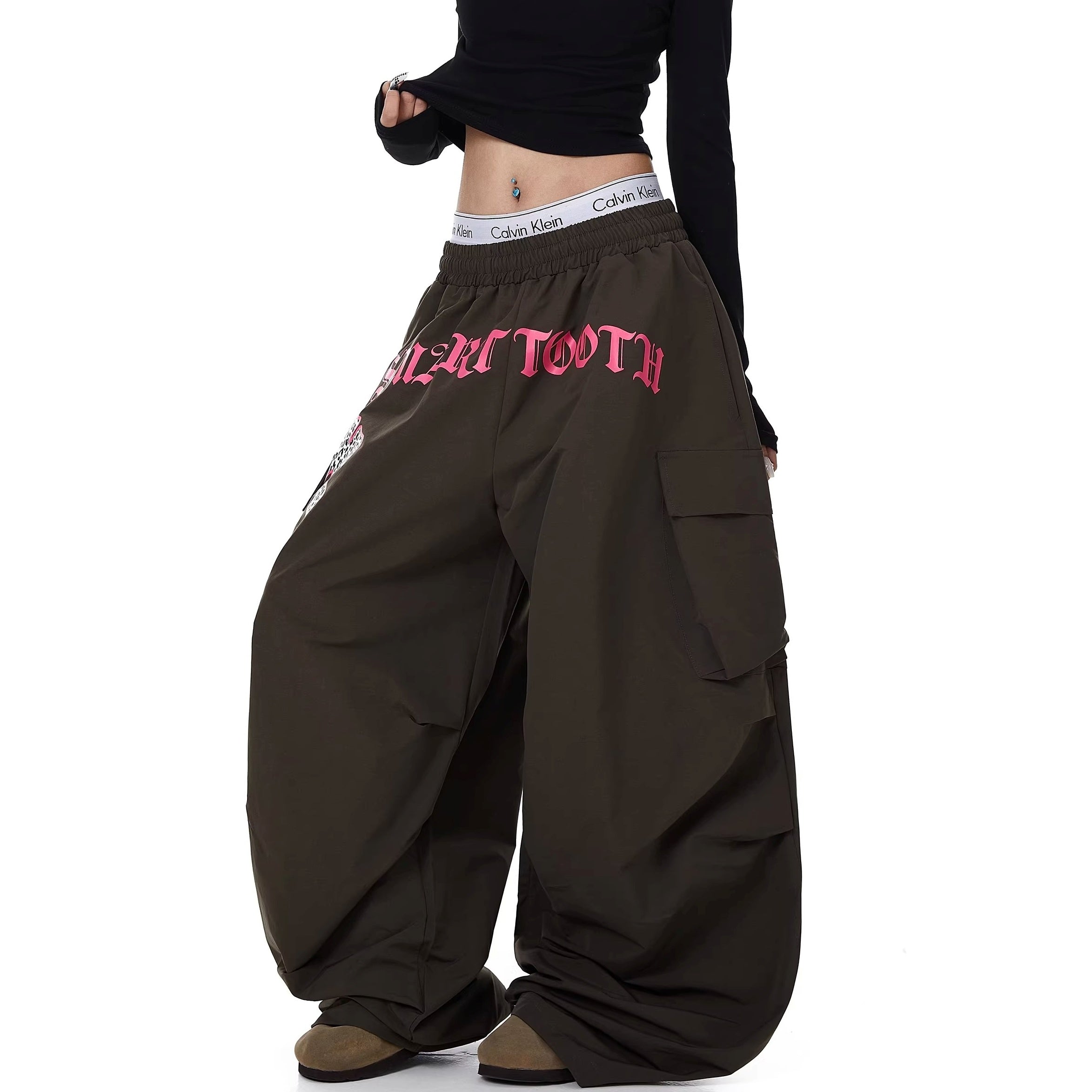 Letter Print Pleated Paratrooper Cargo Pants BK7074