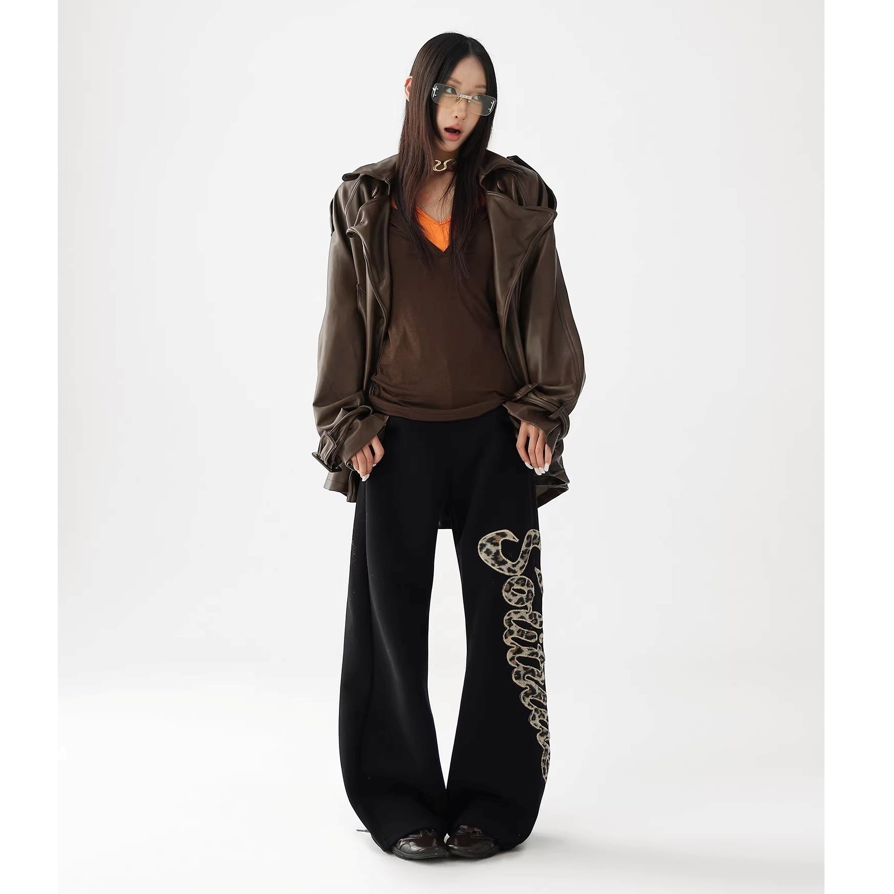 Leopard Print Embroidered Straight Loose Sweat Pants AC7022