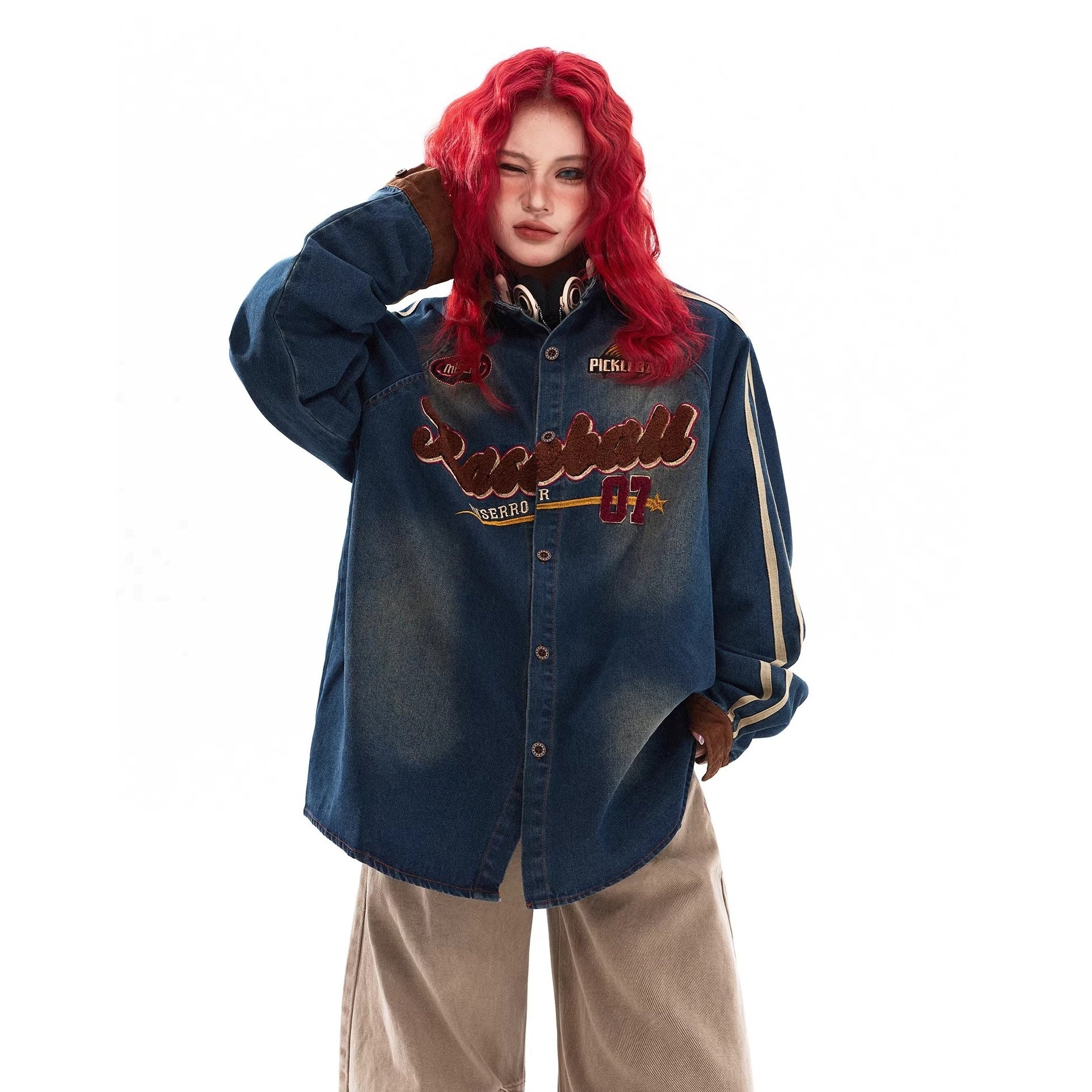 Flocking Letter Embroidery Washed Denim Shirt MW10317