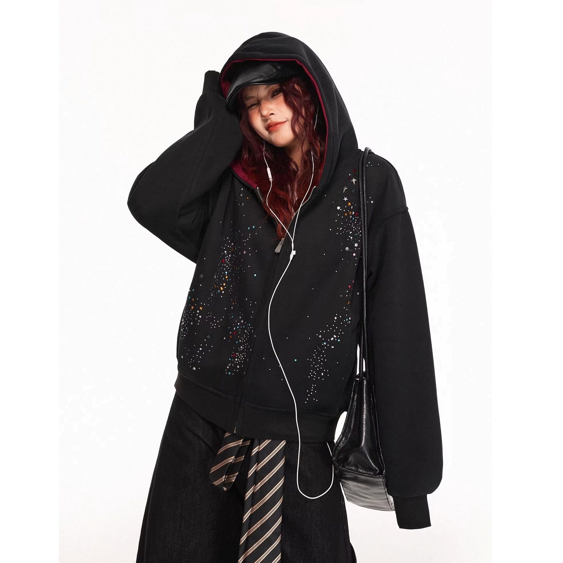 Rhinestone Design Zip Sweat Hoodie Jacket MW10314