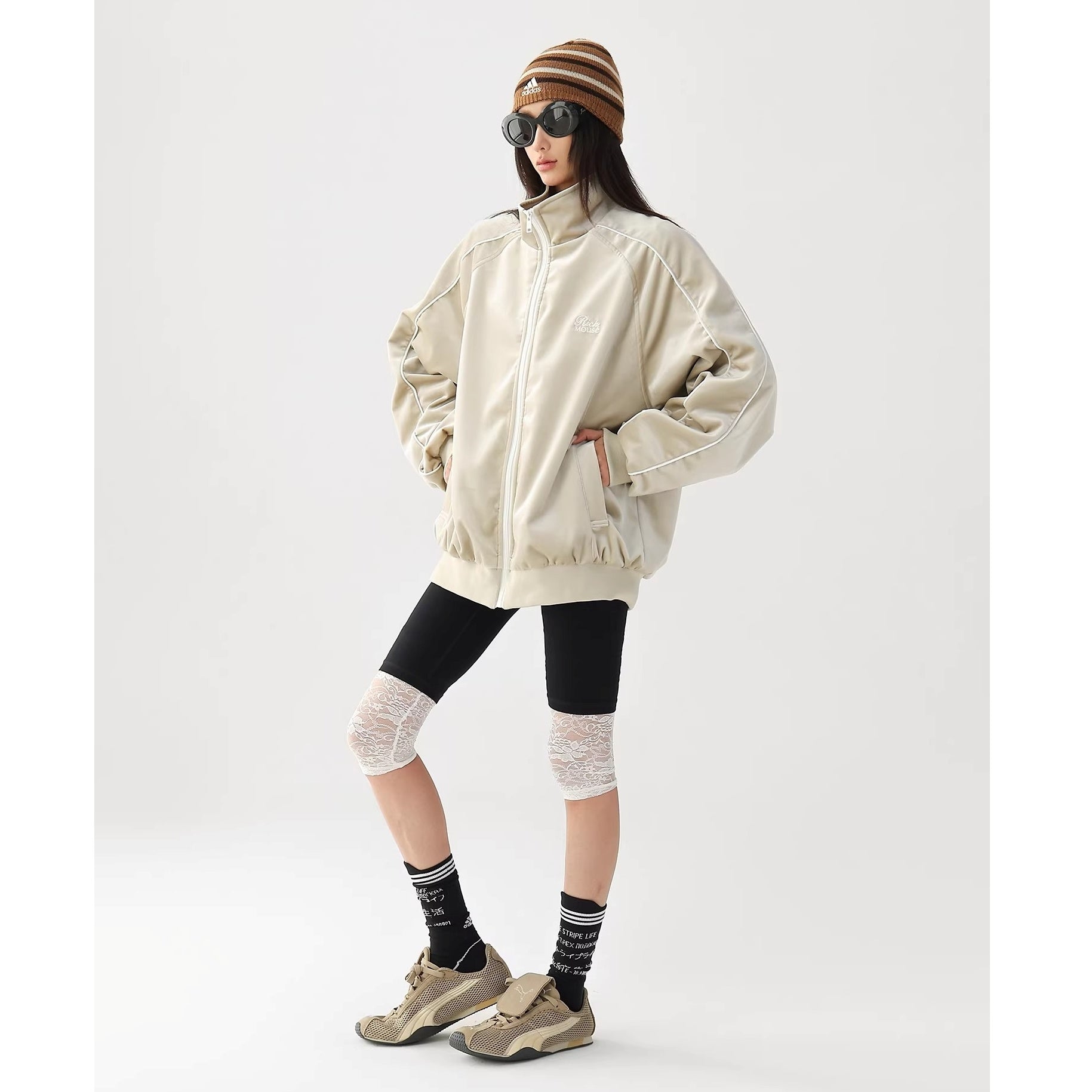 Reflective Paneled Stand Collar Velor Track Jacket AC7025